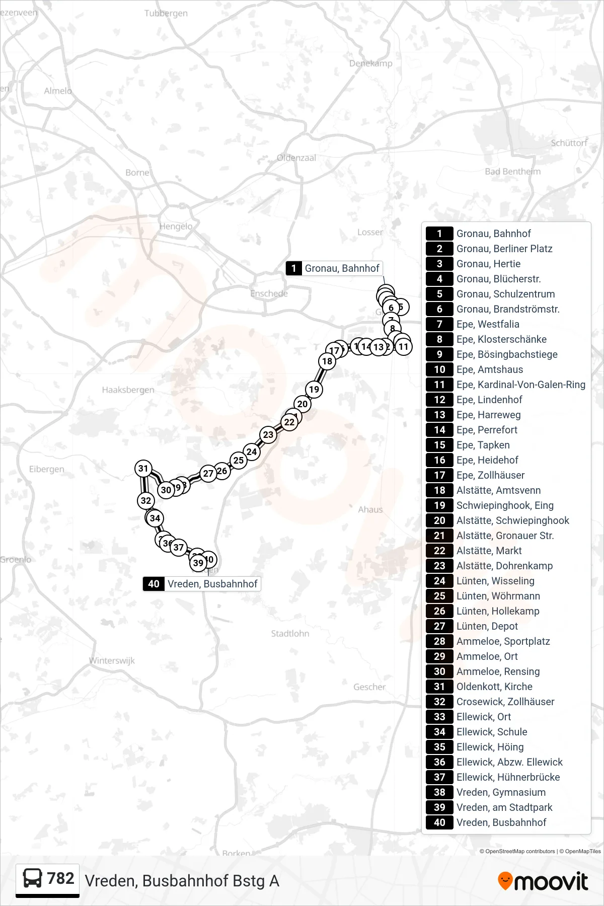 782 bus Line (Vreden, Busbahnhof Bstg A) route and stops on a map
