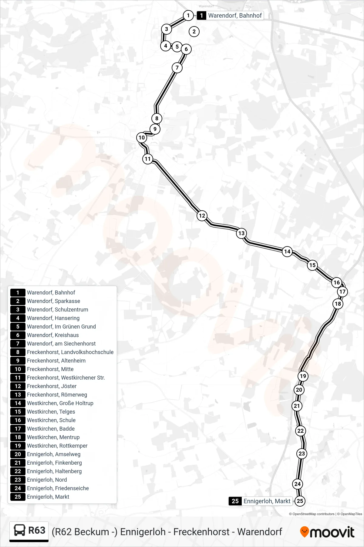 Linie R63 (Bus) Richtung Ennigerloh, Markt Bstg B: Route und Haltestellen auf der Karte