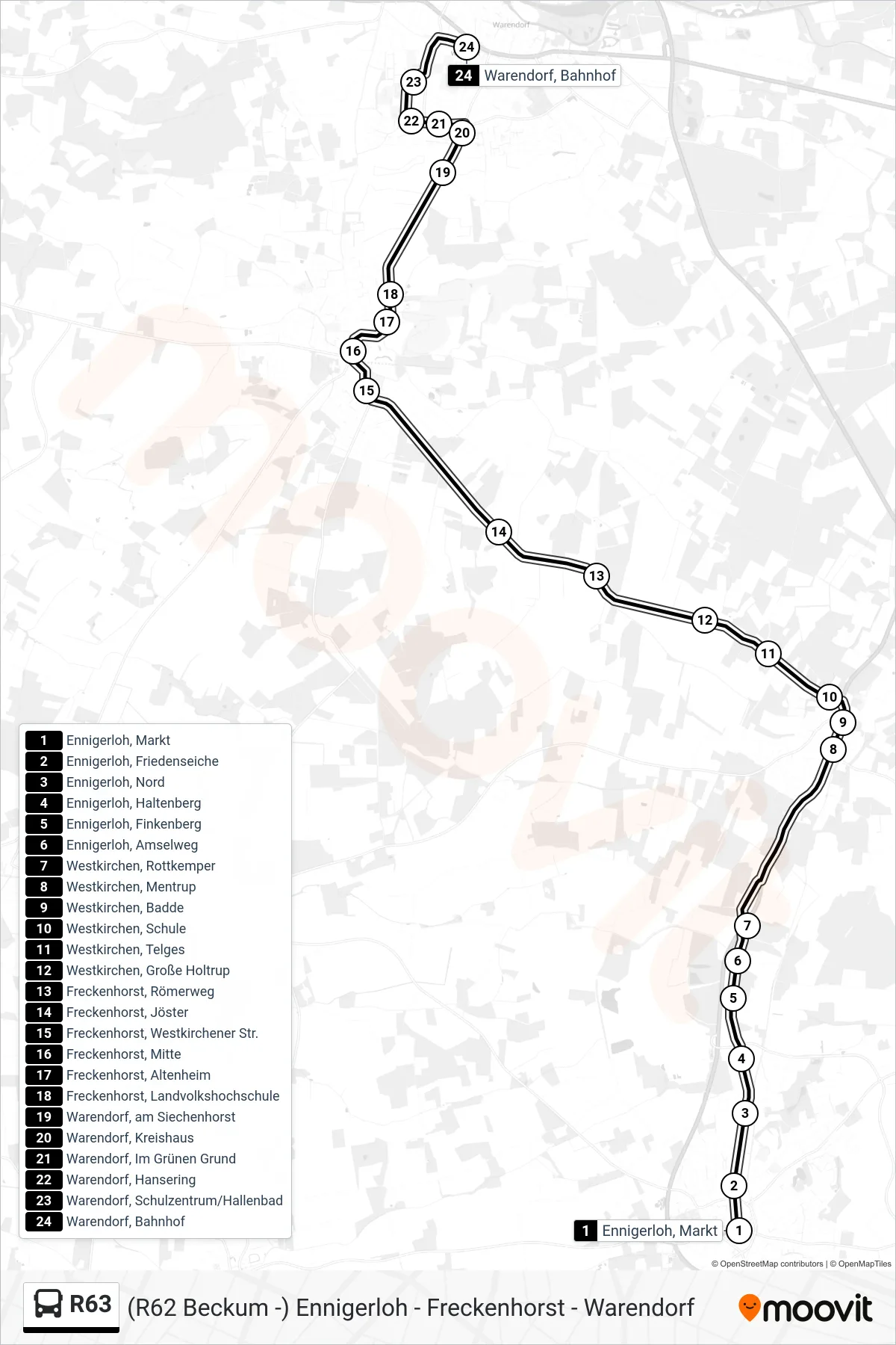 R63 bus Line (Warendorf, Bahnhof Bstg 1b) route and stops on a map