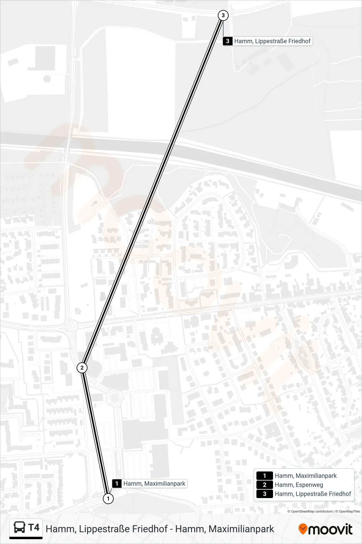 Linie T4 (Bus) Richtung Hamm, Lippestraße Friedhof: Route und Haltestellen auf der Karte