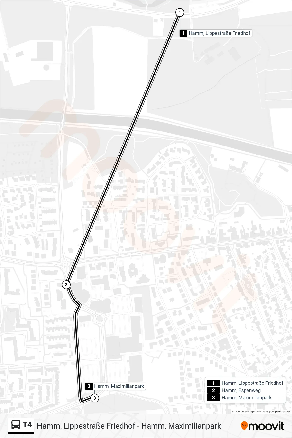 T4 bus Line (Hamm, Maximilianpark) route and stops on a map