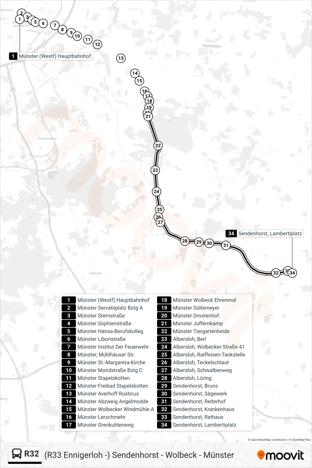 R32 bus Line (Sendenhorst, Lambertiplatz) route and stops on a map