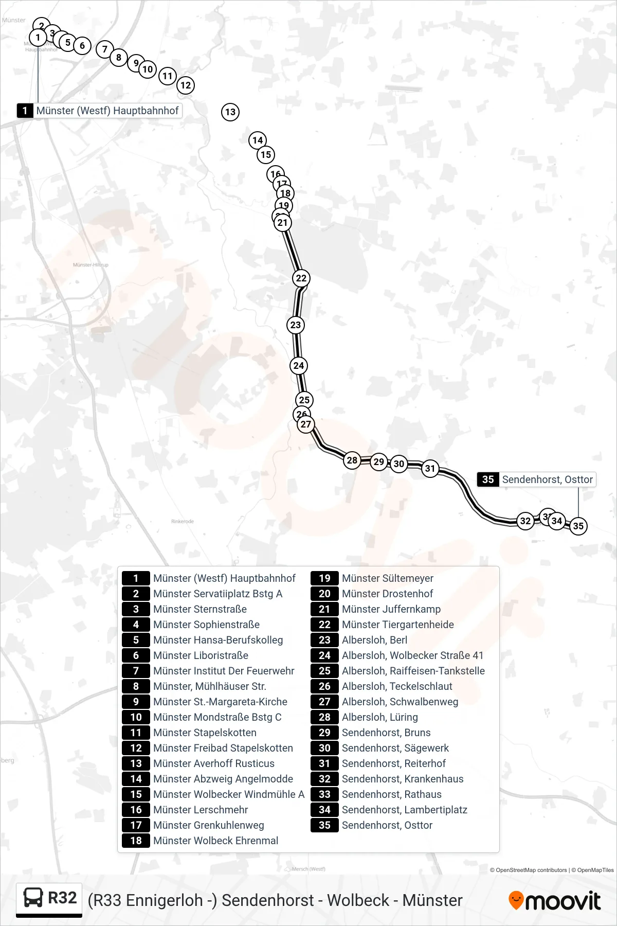 R32 bus Line (Sendenhorst, Osttor) route and stops on a map