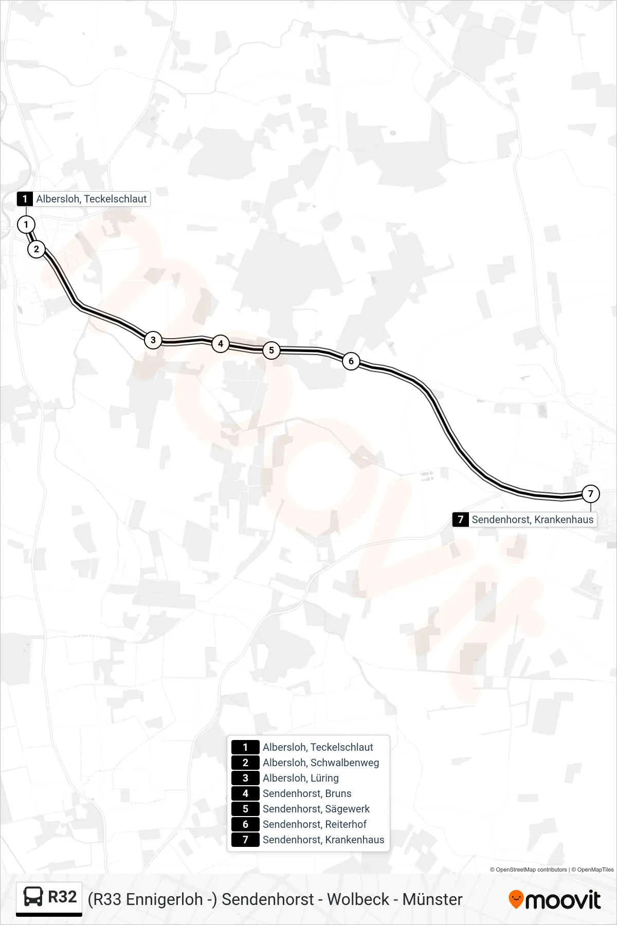 R32 bus Line (Sendenhorst, Krankenhaus) route and stops on a map