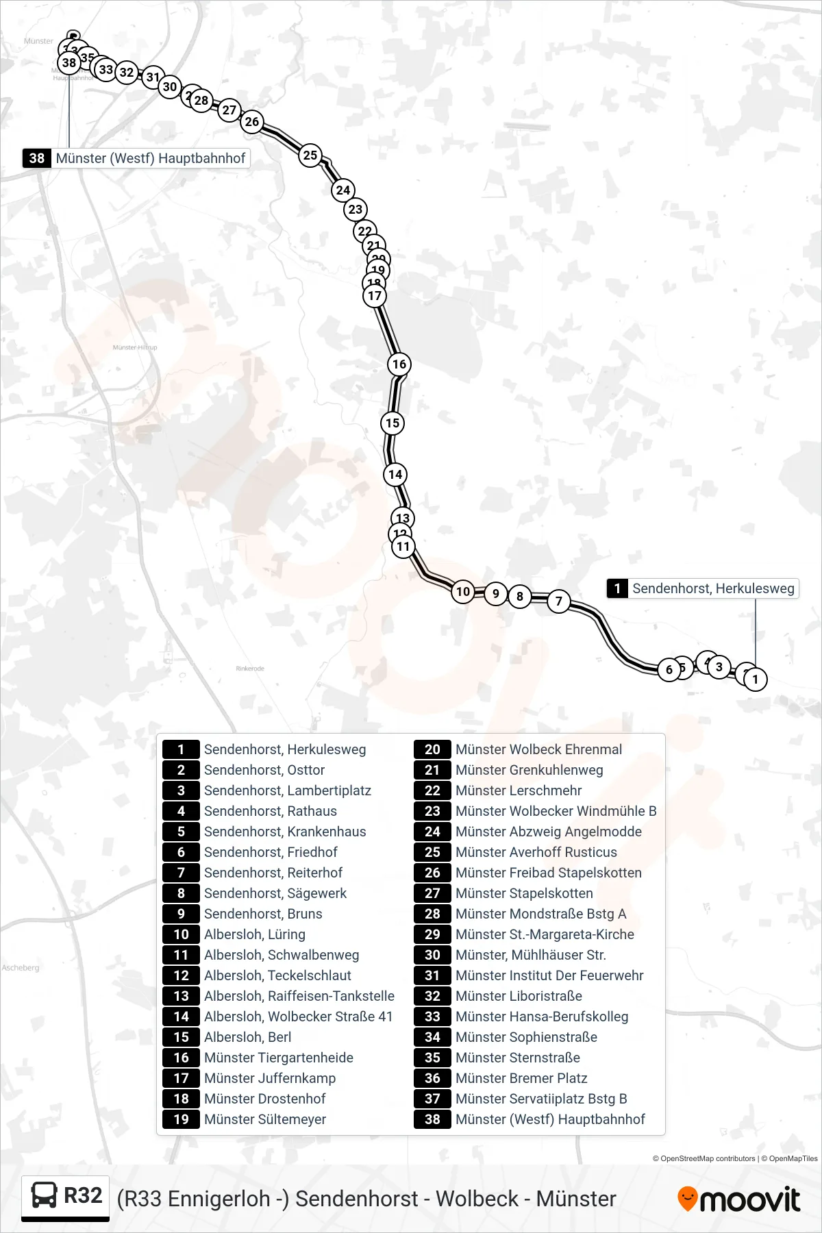 R32 bus Line (Münster (Westf) Hauptbahnhof Bstg C1) route and stops on a map