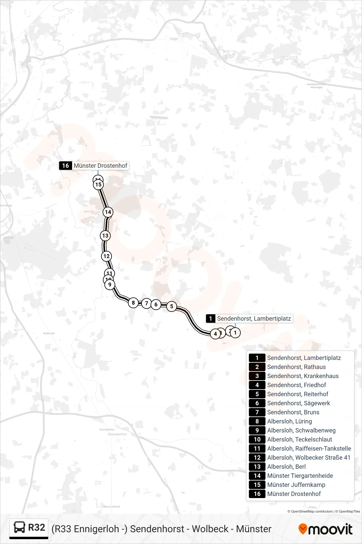 Linie R32 (Bus) Richtung Münster Drostenhof: Route und Haltestellen auf der Karte