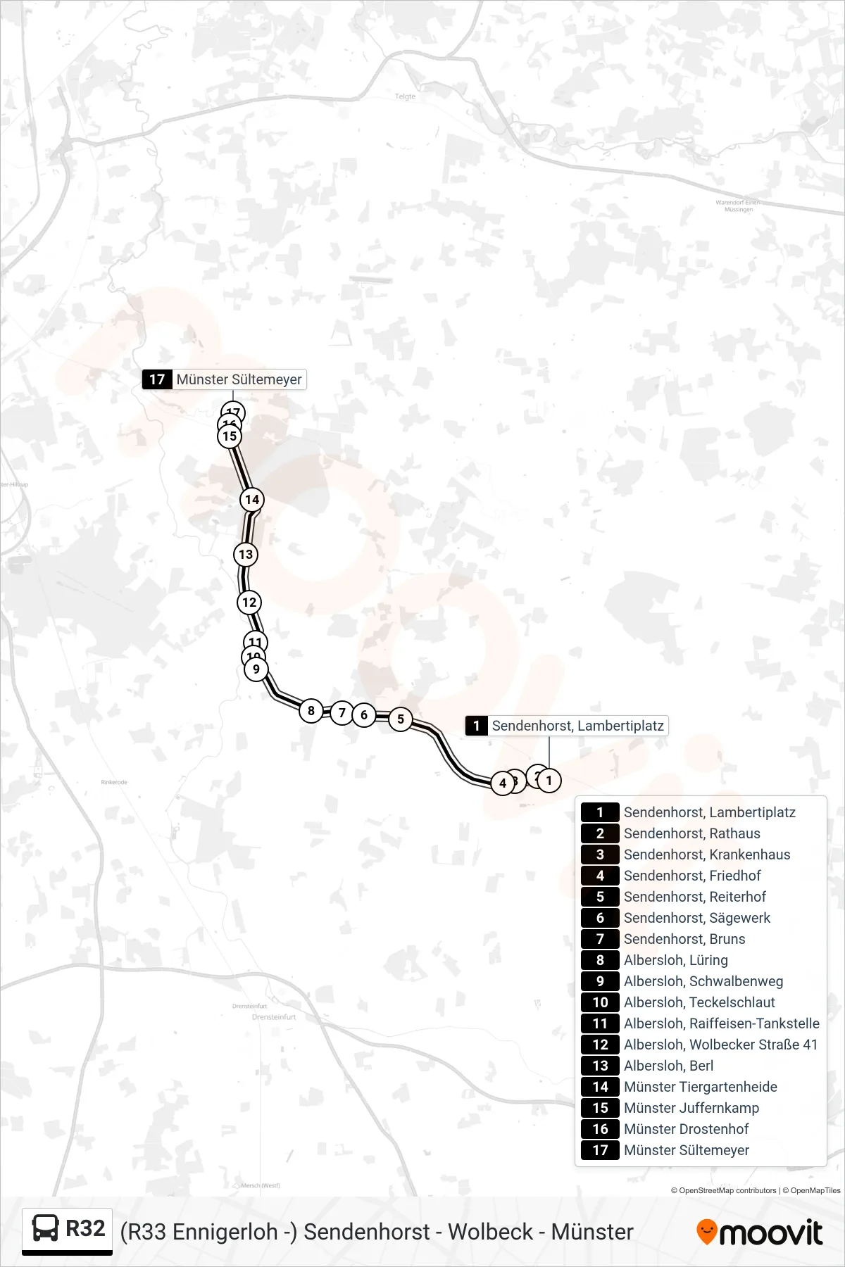 R32 bus Line (Münster Sültemeyer) route and stops on a map