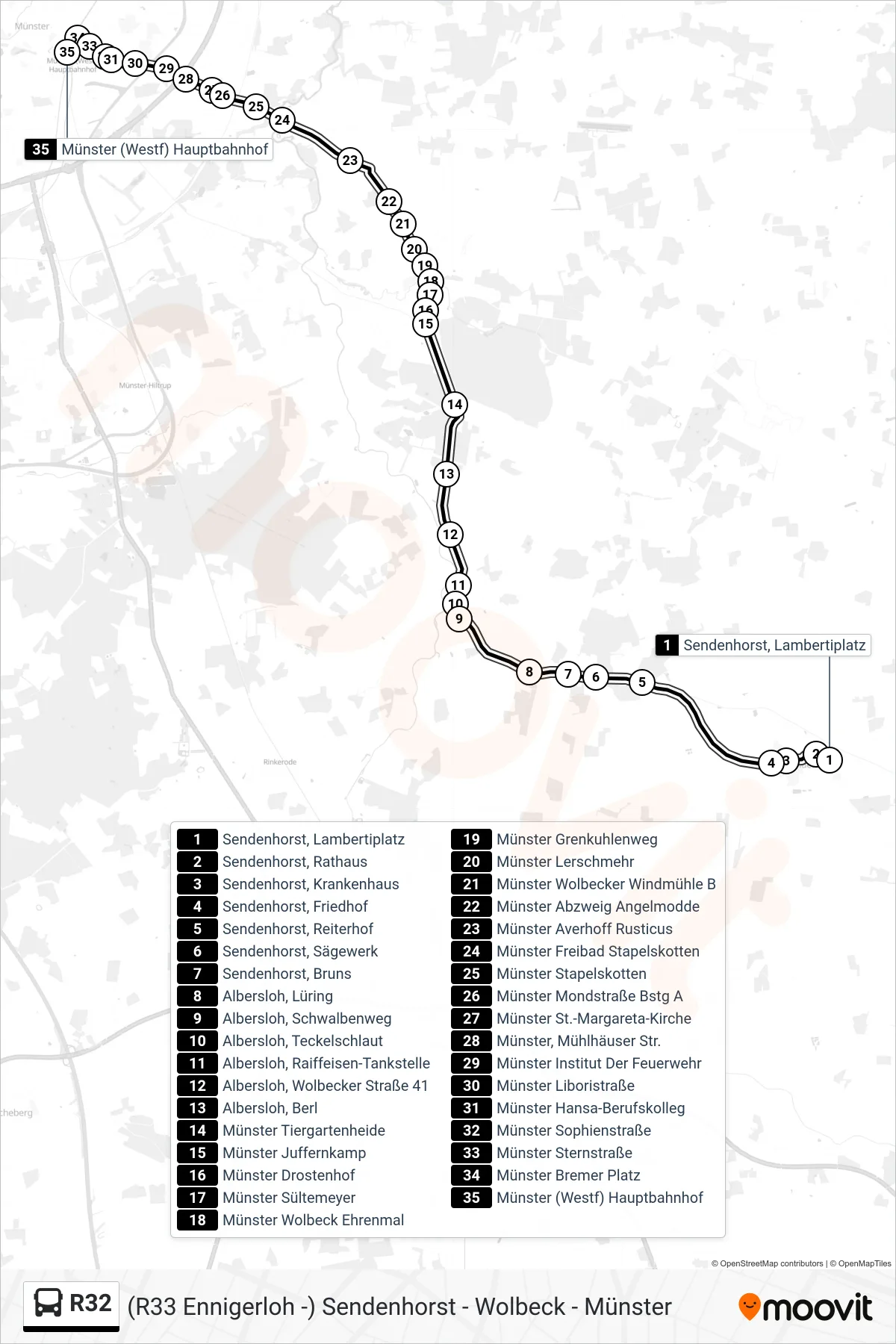 R32 bus Line (Münster (Westf) Hauptbahnhof Bstg A) route and stops on a map