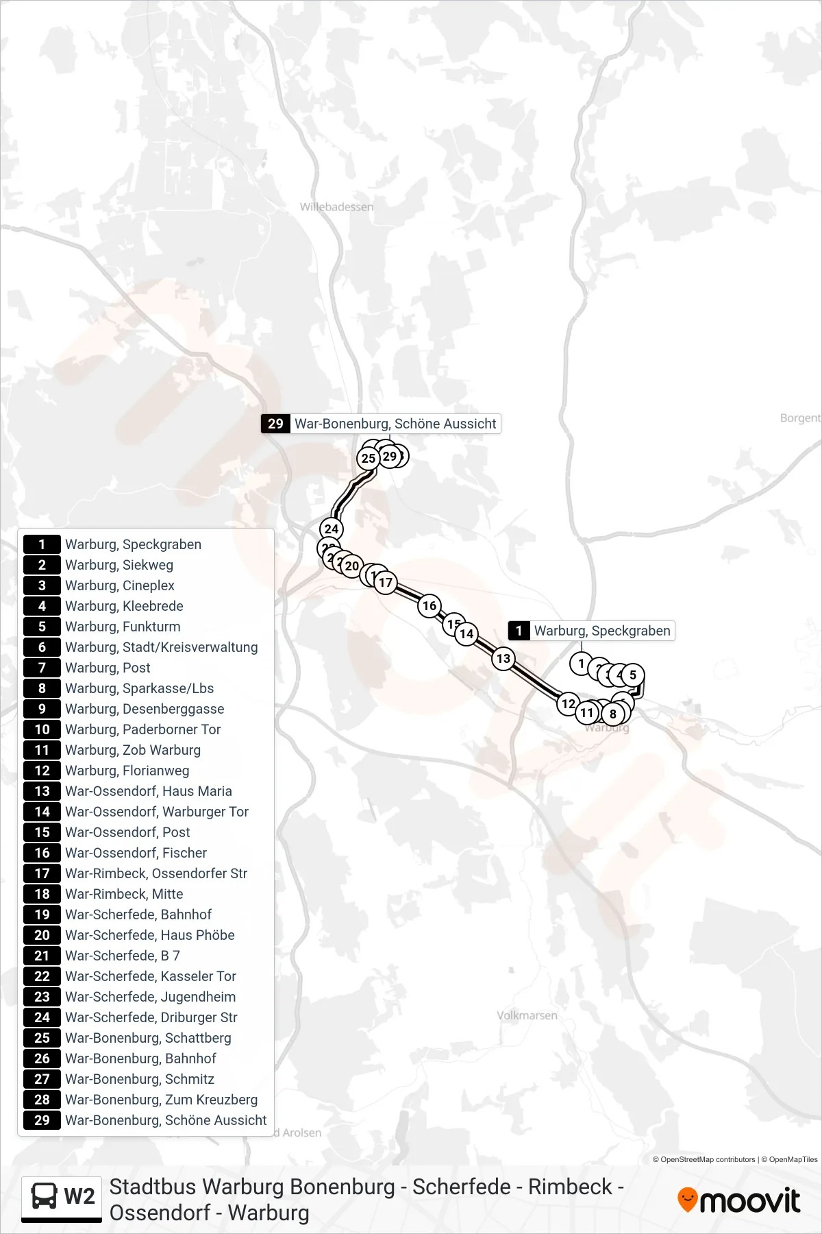 W2 bus Line (War-Bonenburg, Schöne Aussicht) route and stops on a map