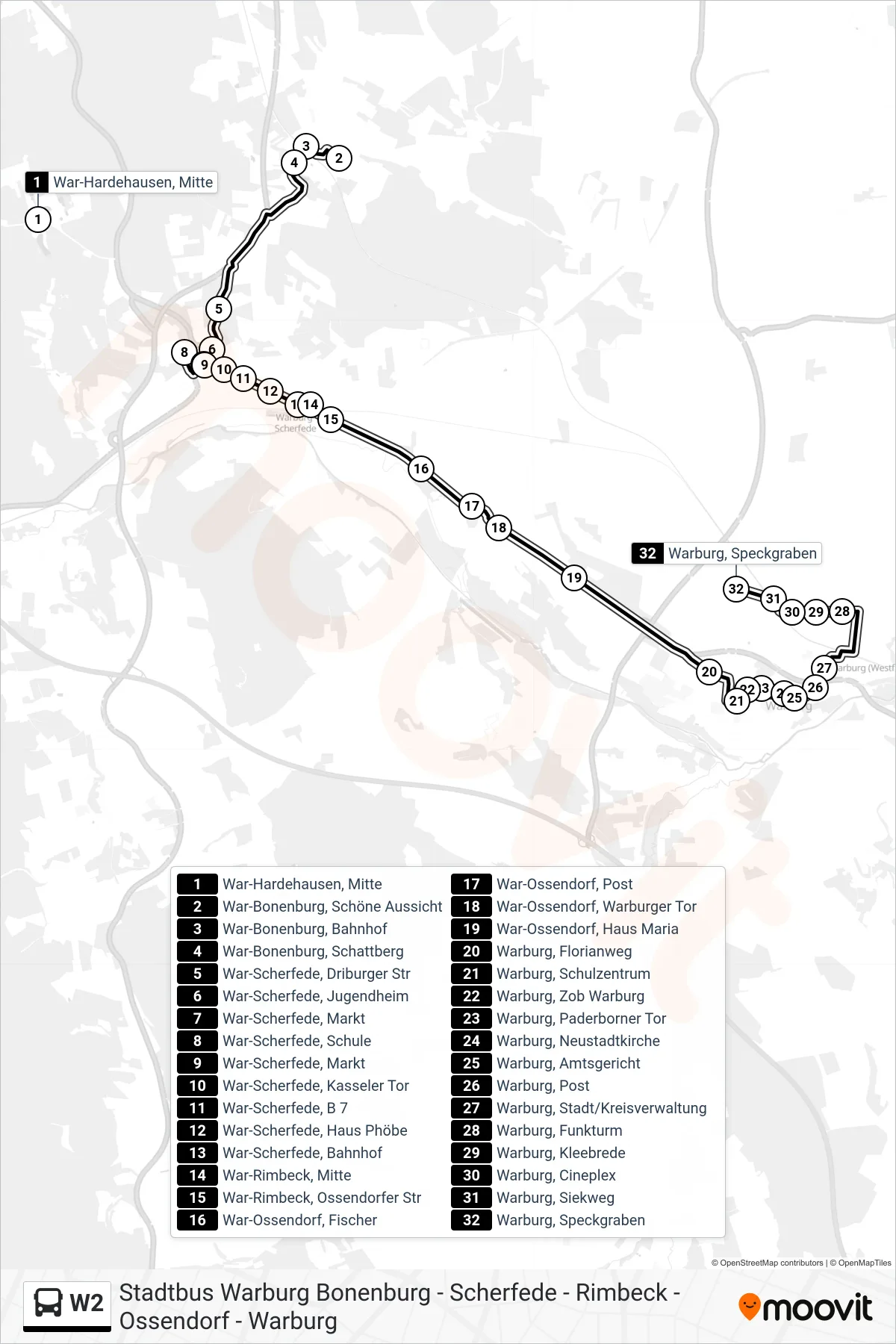 W2 bus Line (Warburg, Speckgraben) route and stops on a map