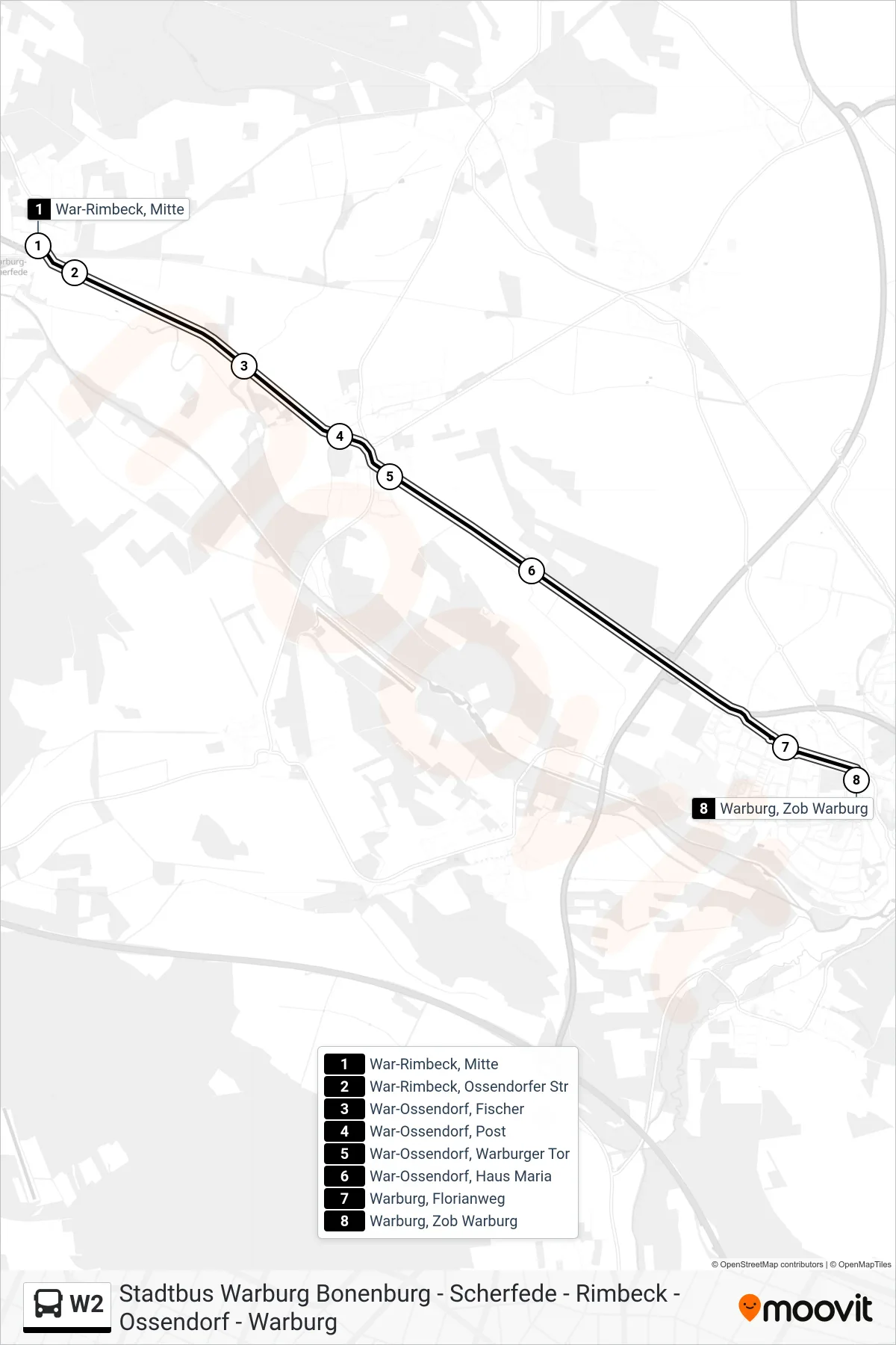 Linie W2 (Bus) Richtung Warburg, Zob Warburg: Route und Haltestellen auf der Karte