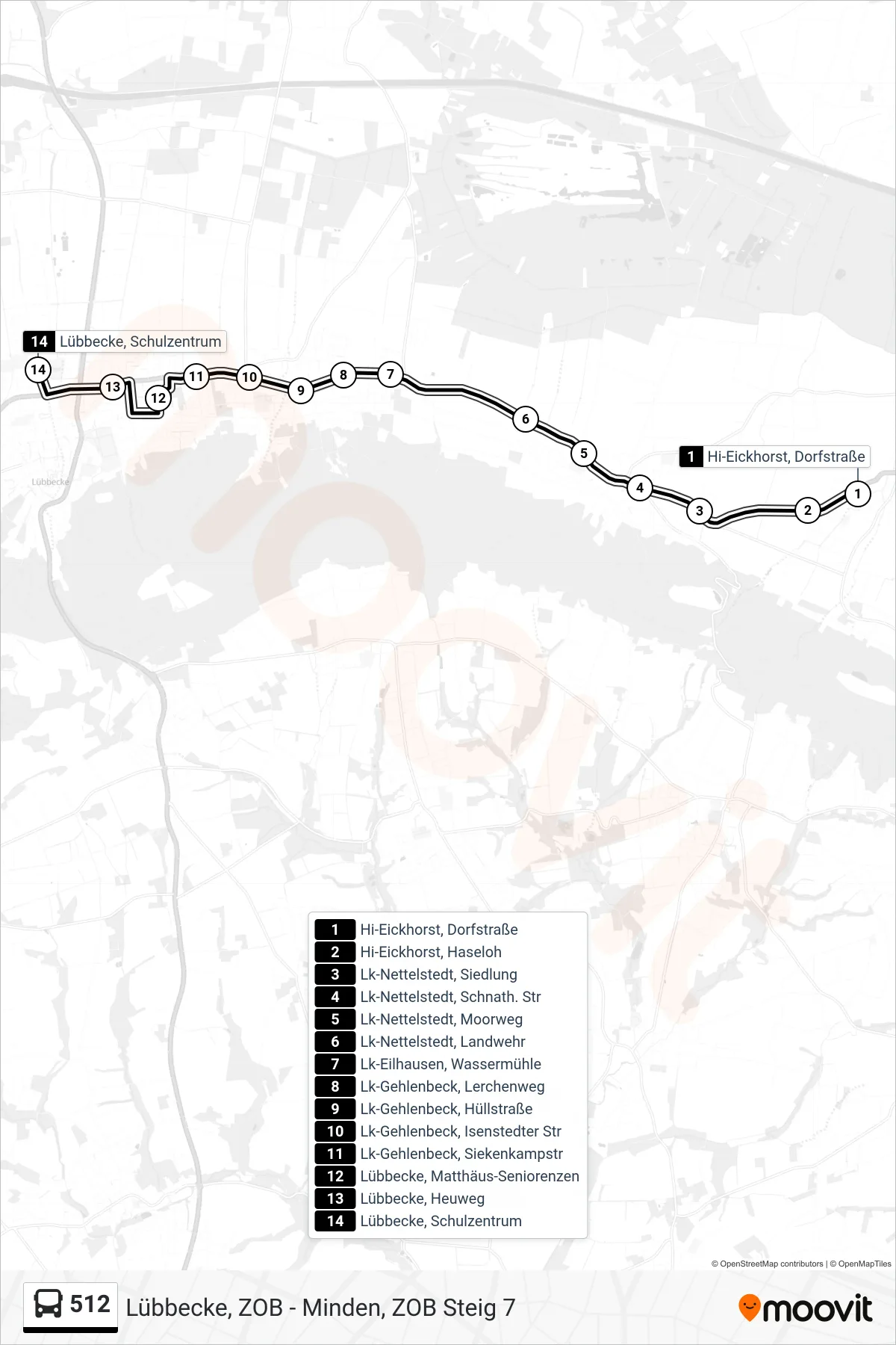 512 bus Line (Lübbecke Schulzentrum) route and stops on a map