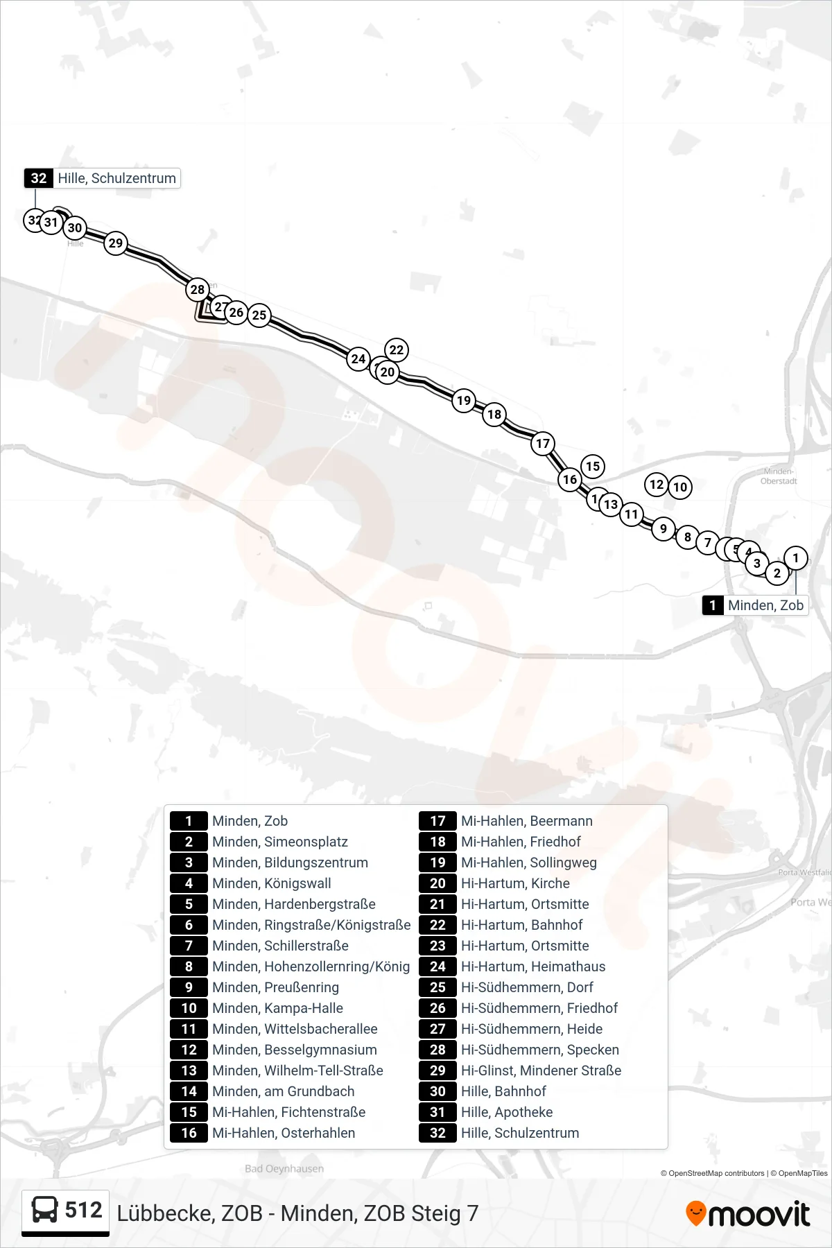 512 bus Line (Hille Schulzentrum) route and stops on a map