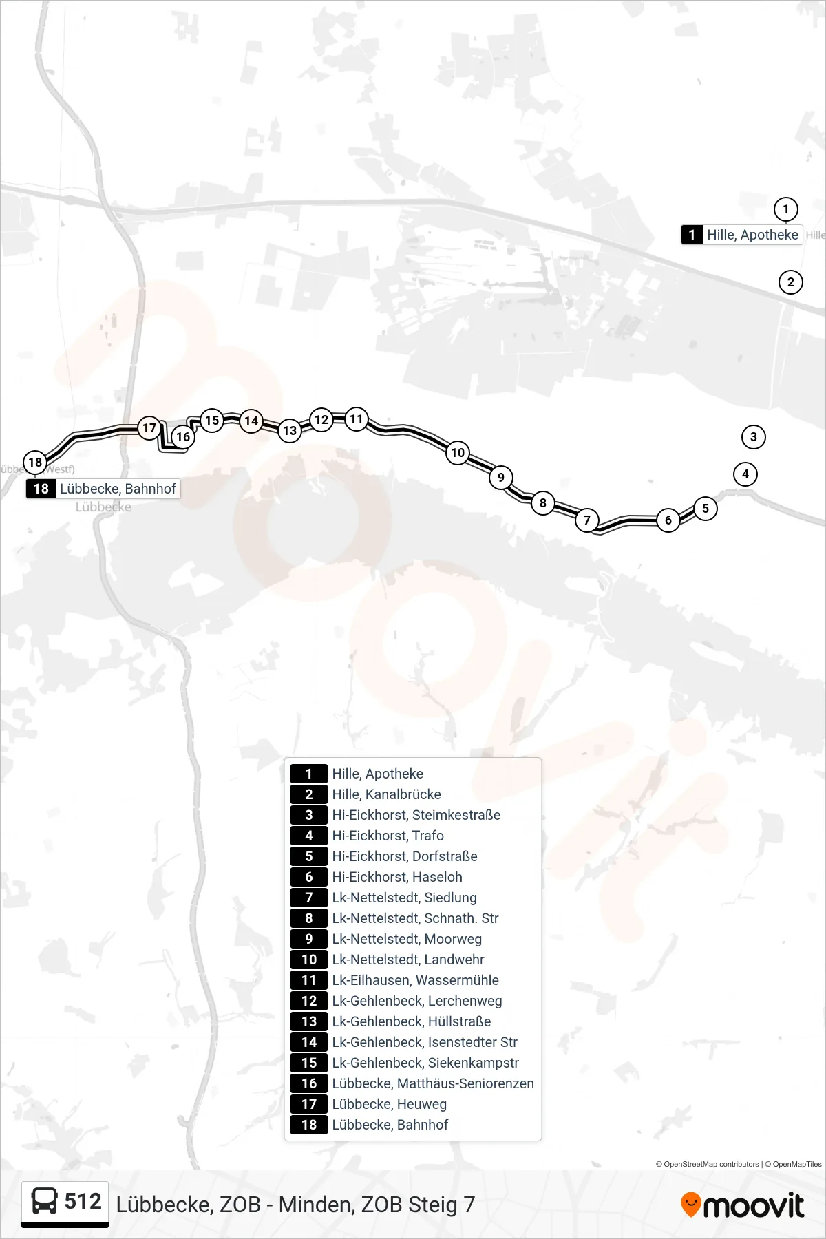 512 bus Line (Lübbecke Bahnhof) route and stops on a map
