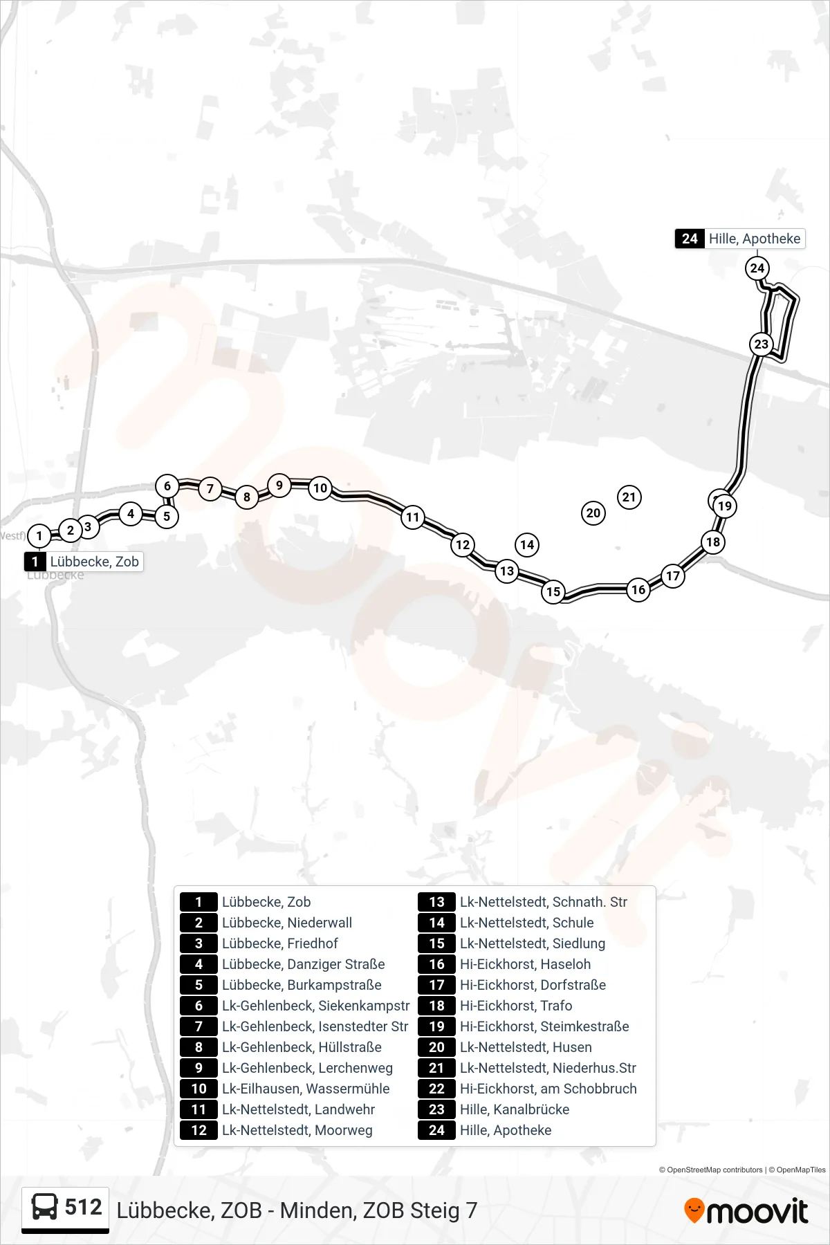 Linie 512 (Bus) Richtung Hille: Route und Haltestellen auf der Karte