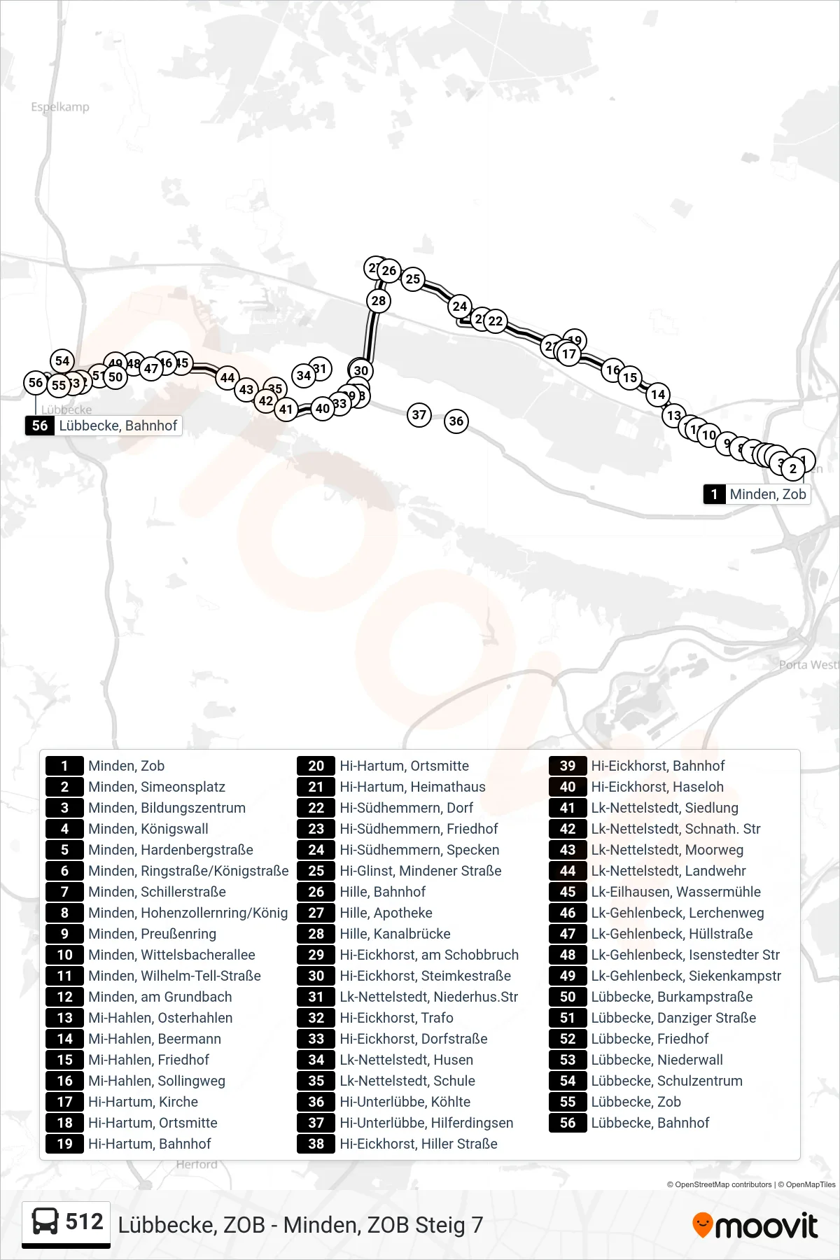 512 bus Line (Lübbecke) route and stops on a map