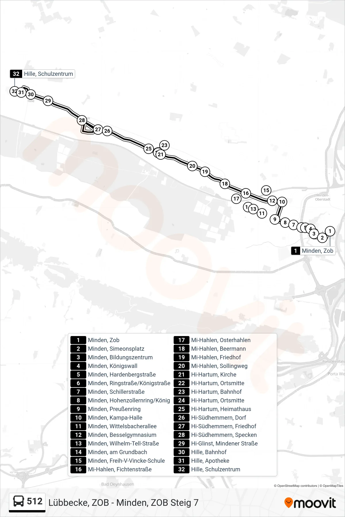 512 bus Line (Hille Apotheke) route and stops on a map