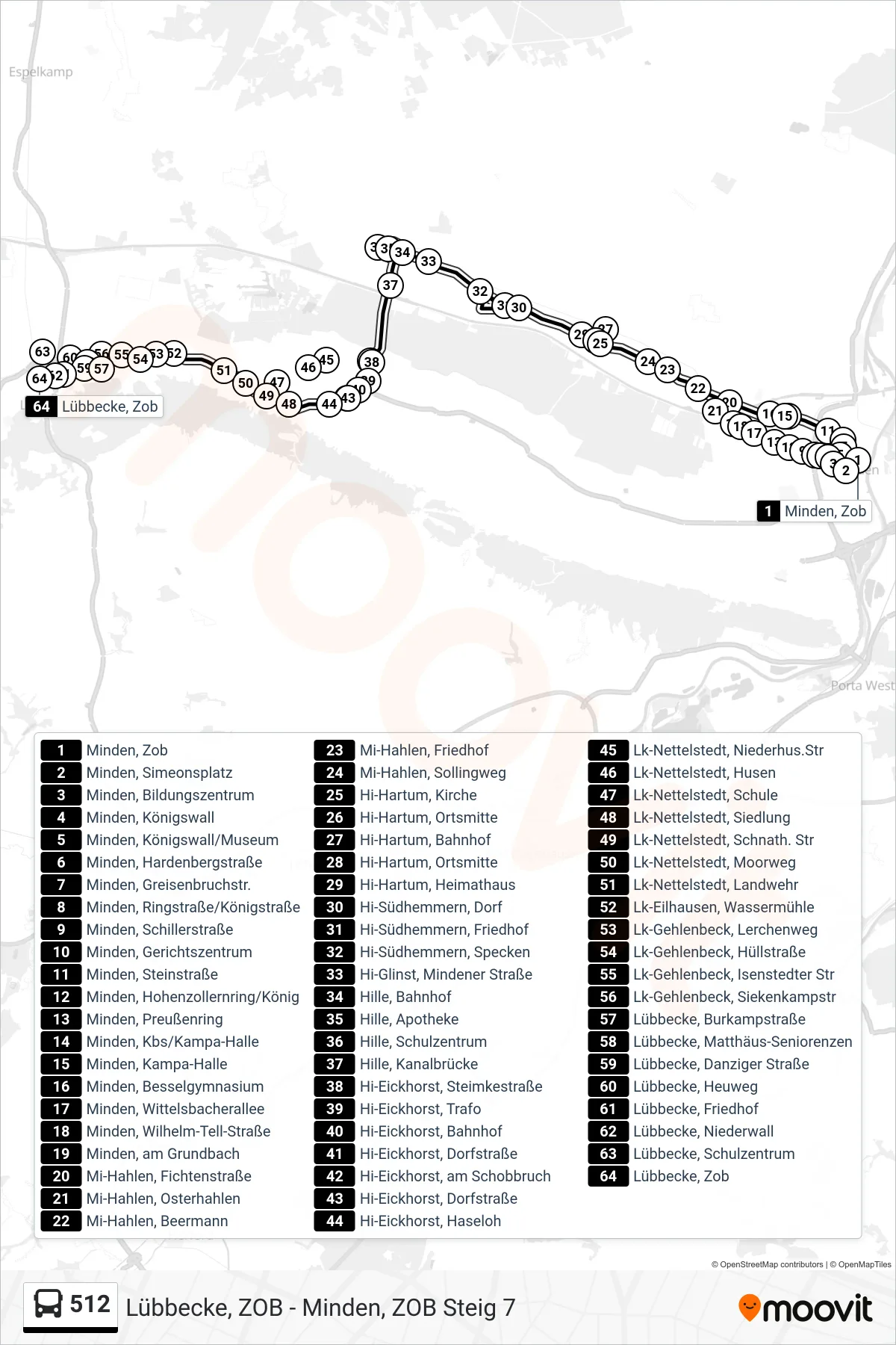 512 bus Line (Lübbecke Z O B) route and stops on a map