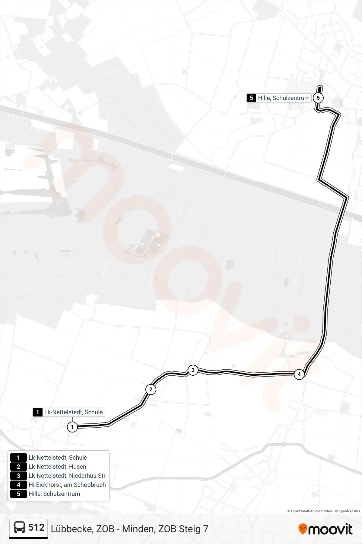 512 bus Line (Hille Schulzentrum) route and stops on a map