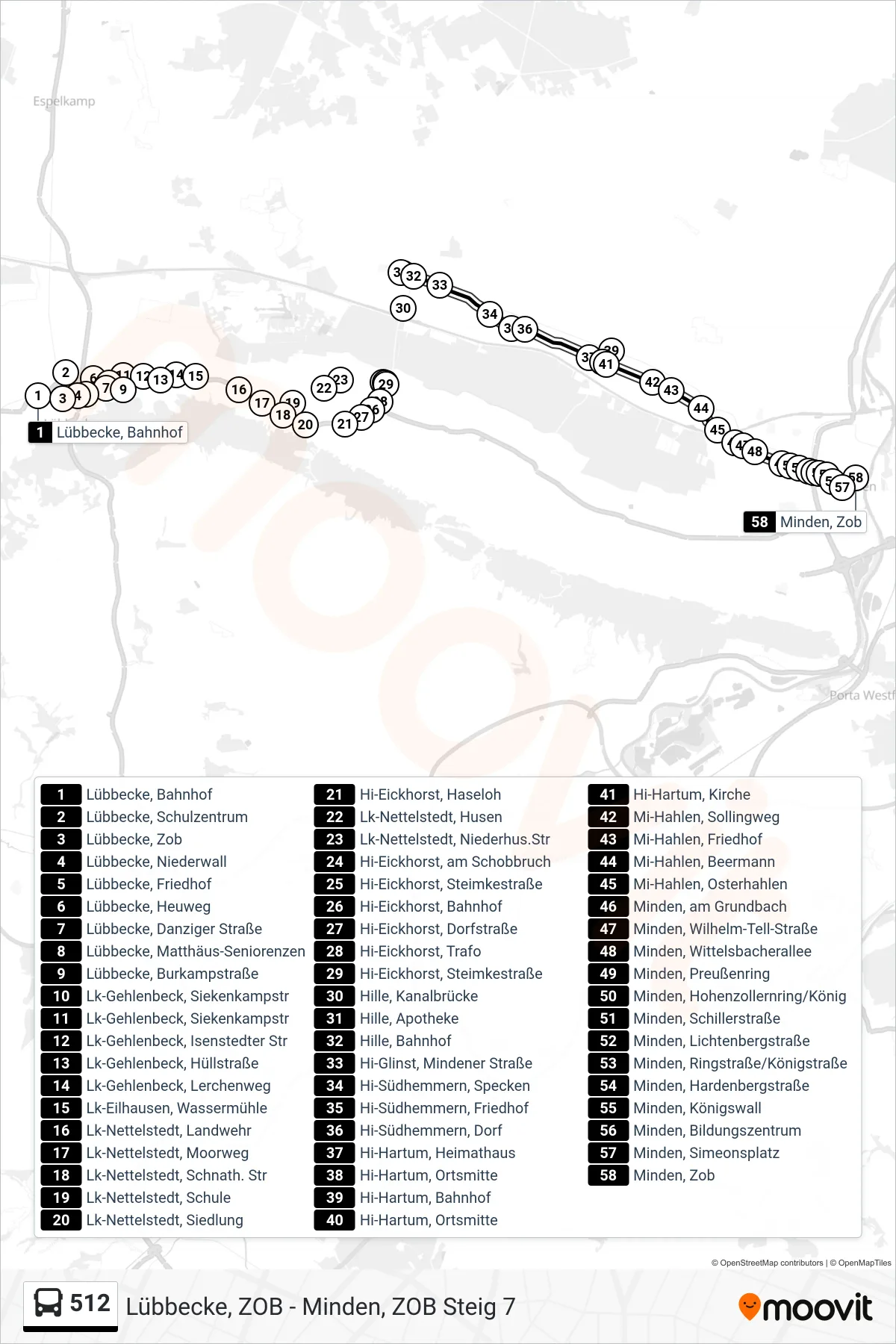 512 bus Line (Zob Minden) route and stops on a map