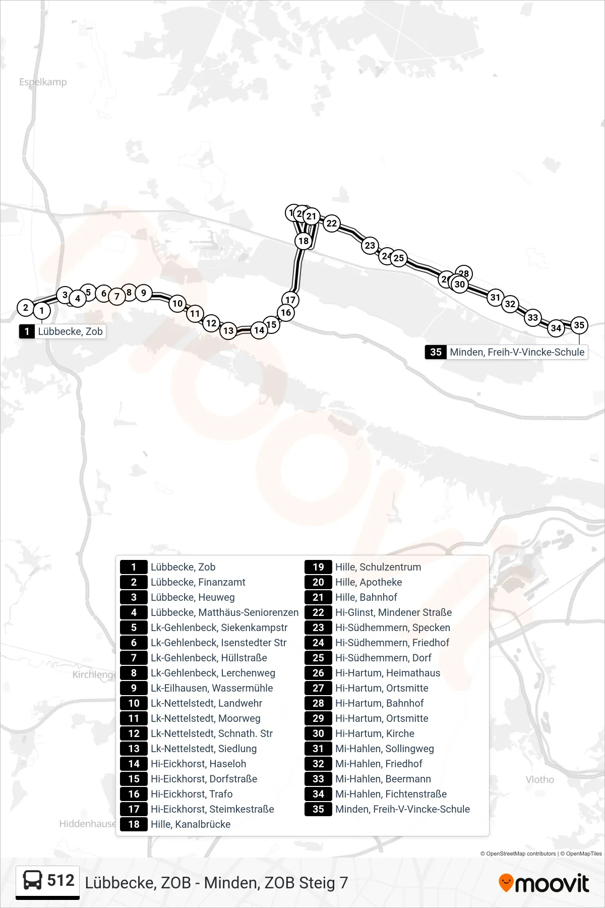 512 bus Line (Minden Freih.-V.-Vincke-Schule) route and stops on a map