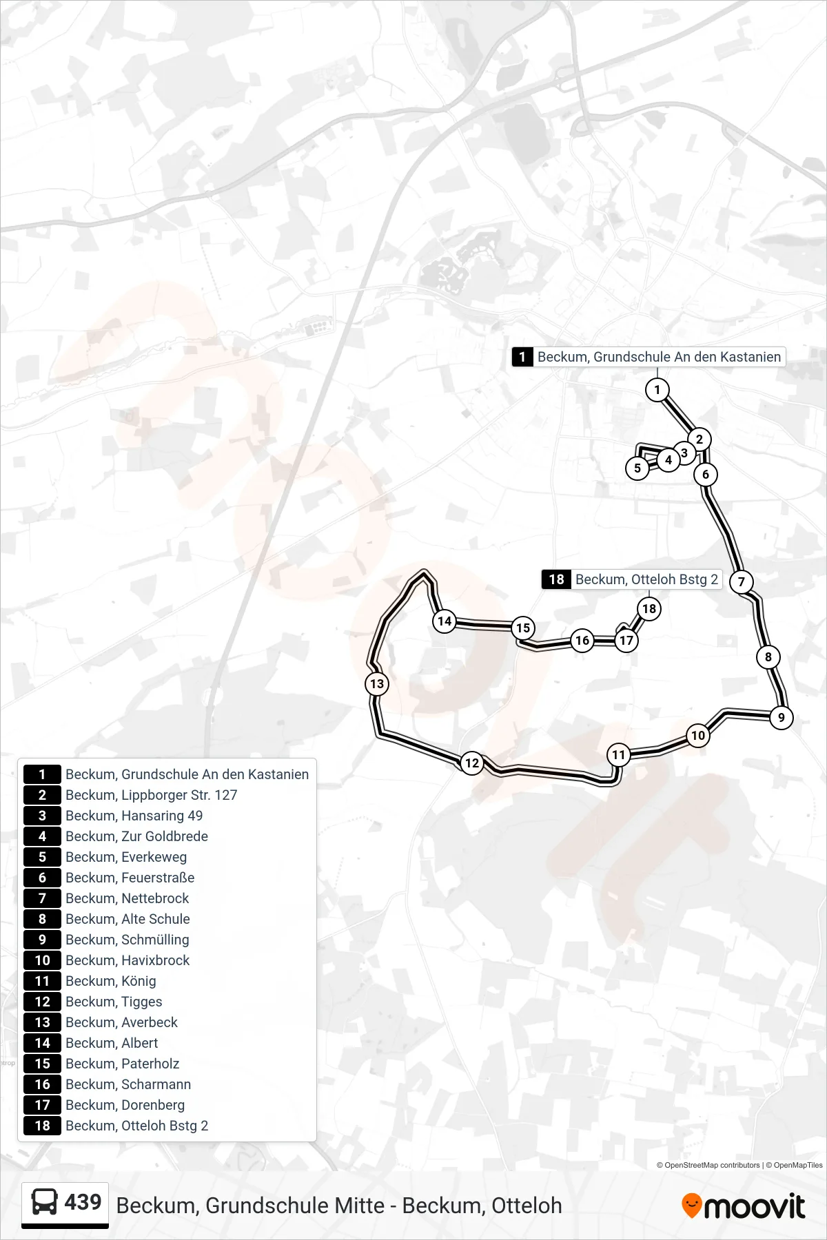 439 bus Line (Beckum, Otteloh Bstg 2) route and stops on a map