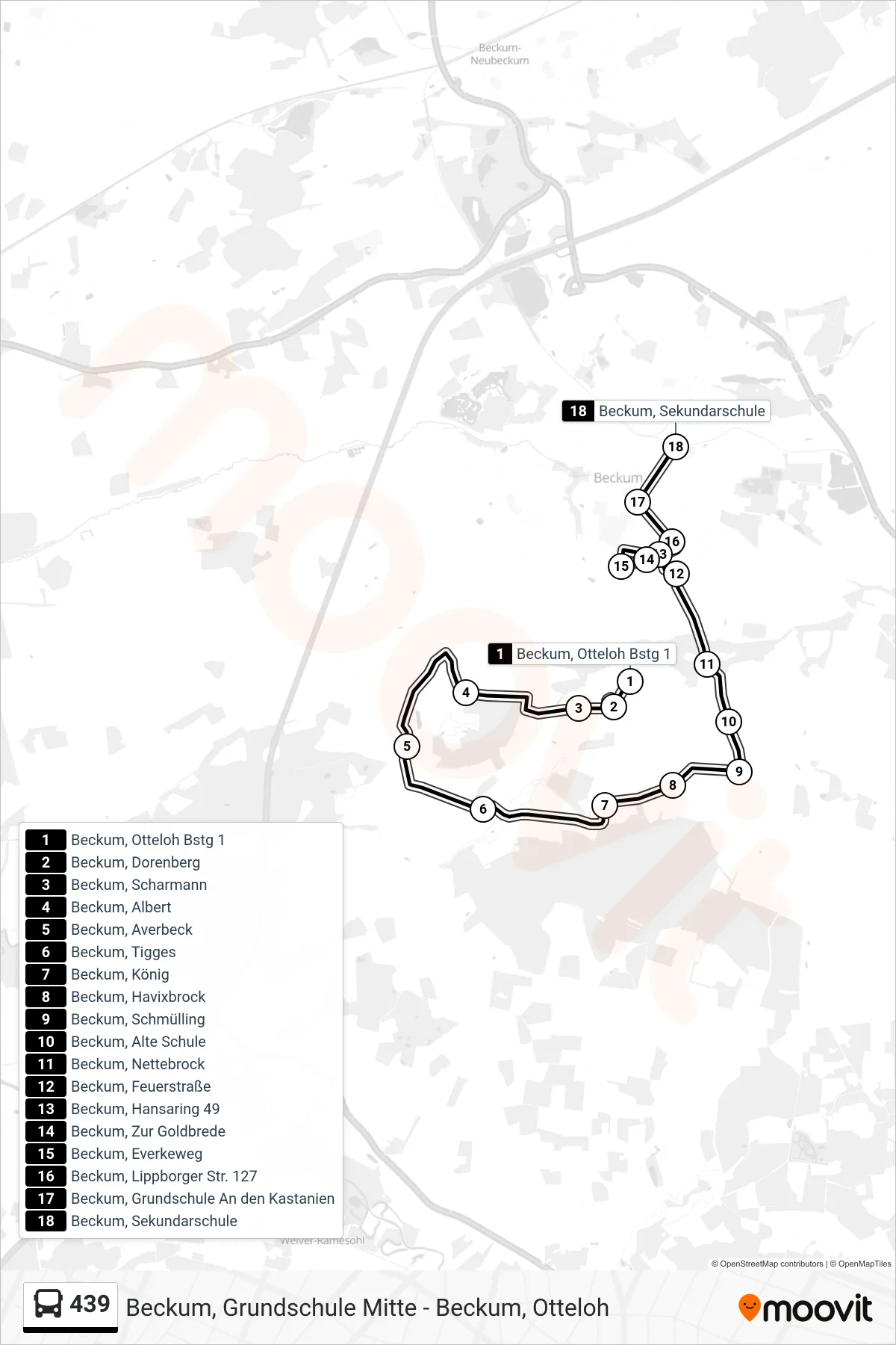 Linie 439 (Bus) Richtung Beckum, Sekundarschule: Route und Haltestellen auf der Karte