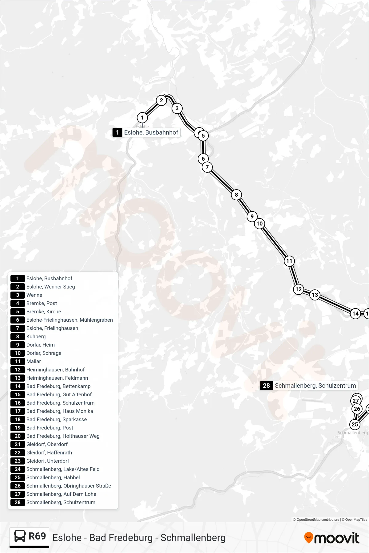 Linie R69 (Bus) Richtung Schmallenberg: Route und Haltestellen auf der Karte