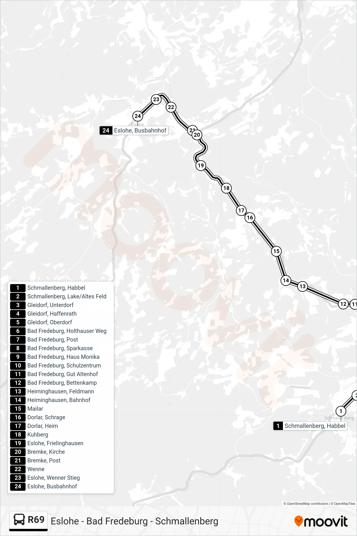 R69 bus Line (Eslohe) route and stops on a map