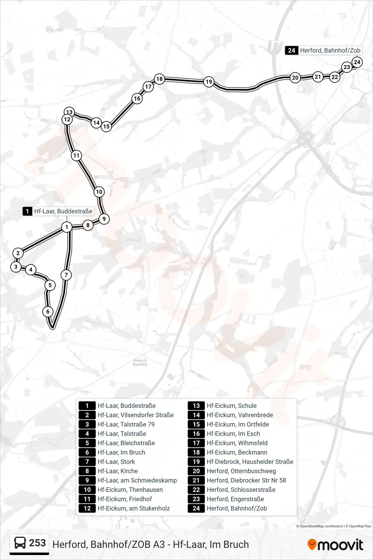 253 bus Line (Herford, Bahnhof/Zob A3) route and stops on a map