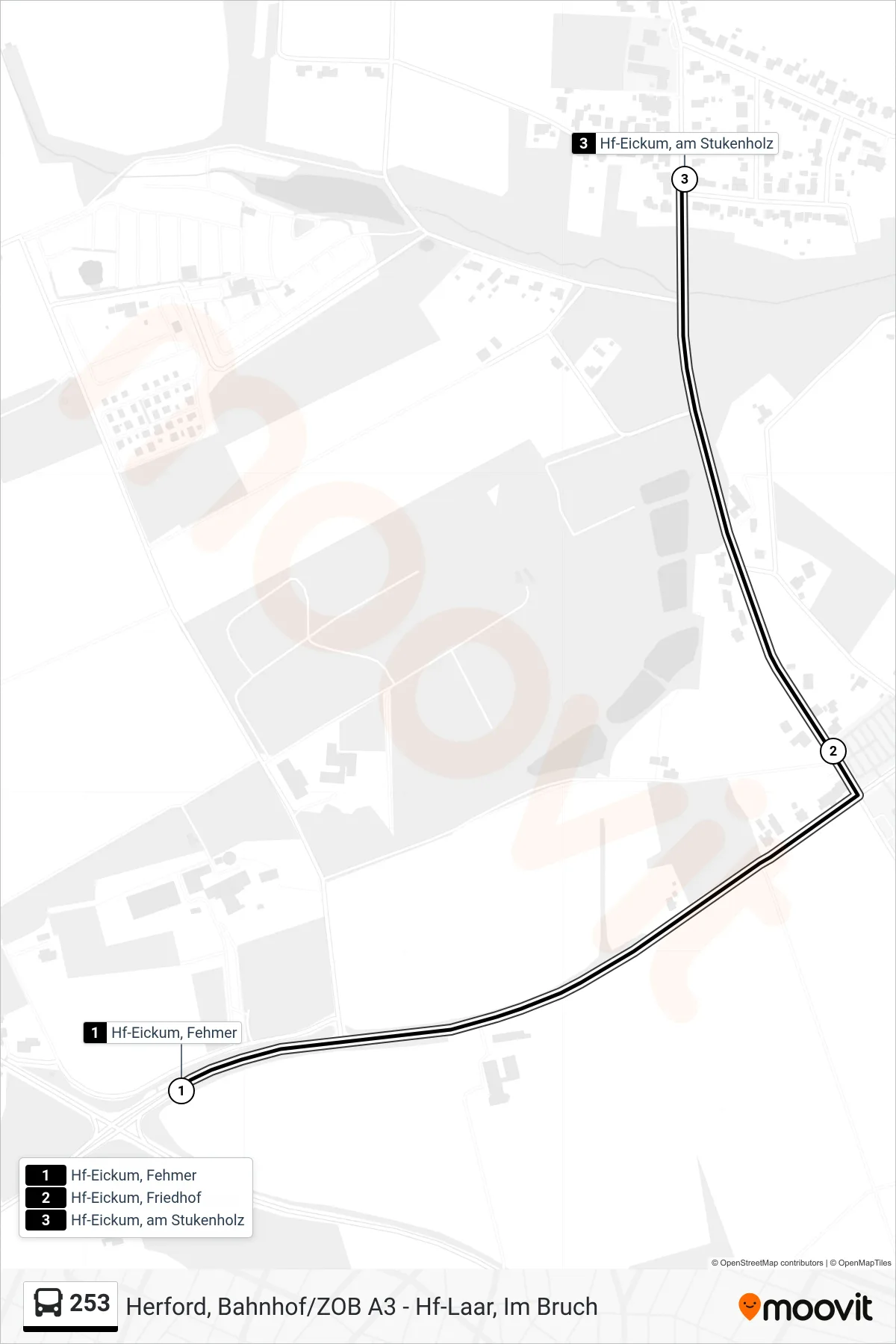 253 bus Line (Hf-Eickum, am Stukenholz) route and stops on a map