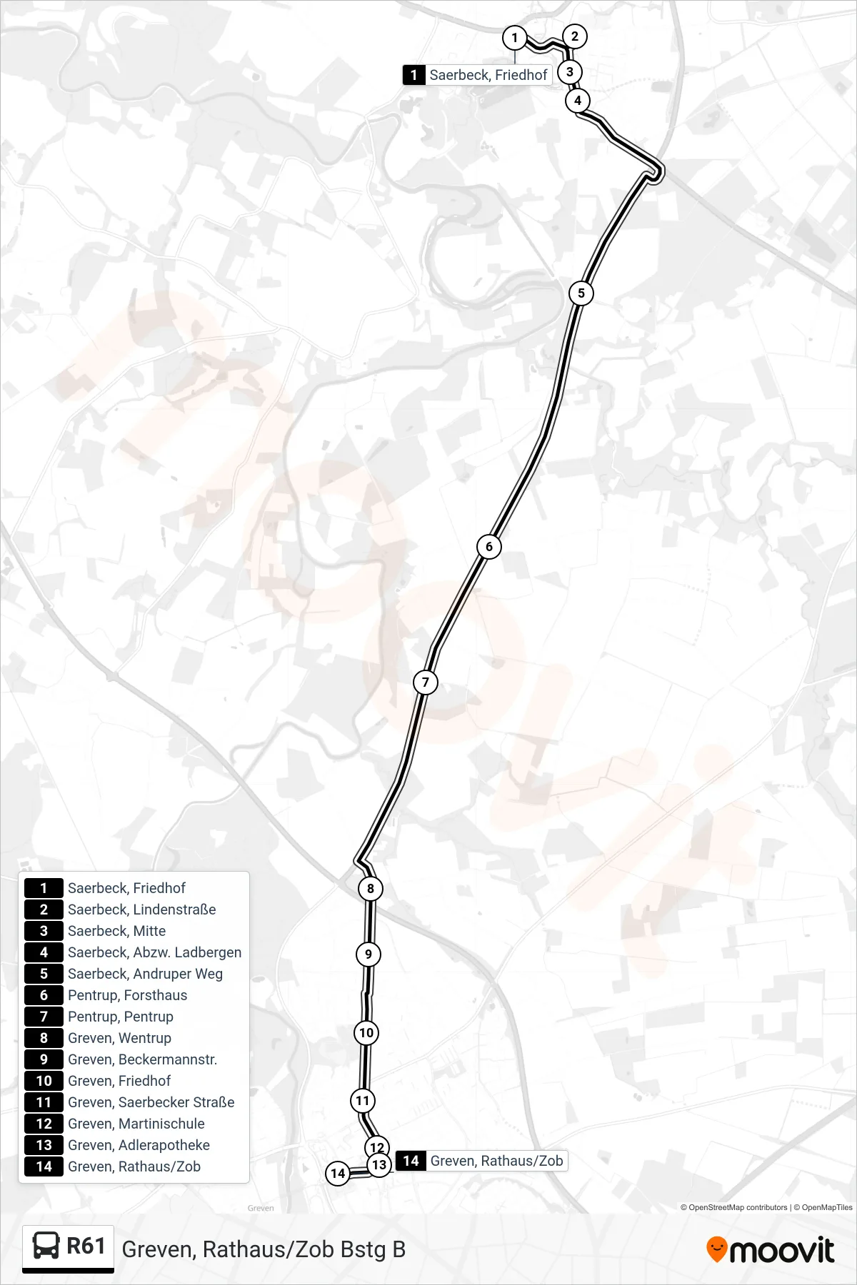 R61 bus Line (Greven, Rathaus/Zob Bstg B) route and stops on a map