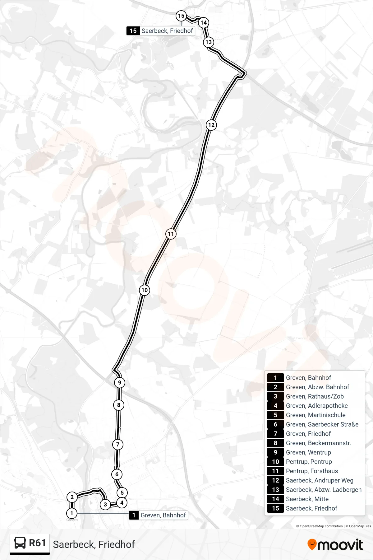 R61 bus Line (Saerbeck, Friedhof) route and stops on a map