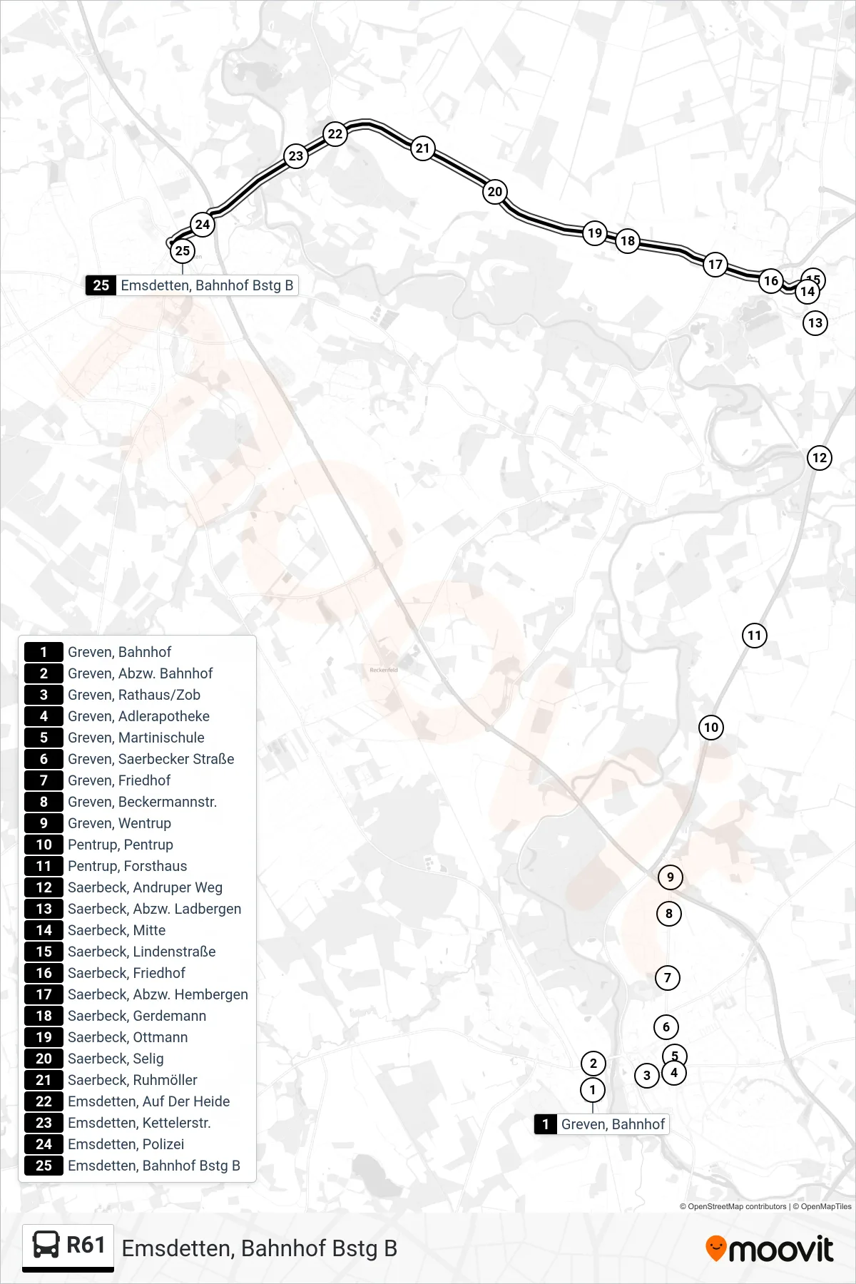 R61 bus Line (Emsdetten, Bahnhof Bstg B) route and stops on a map