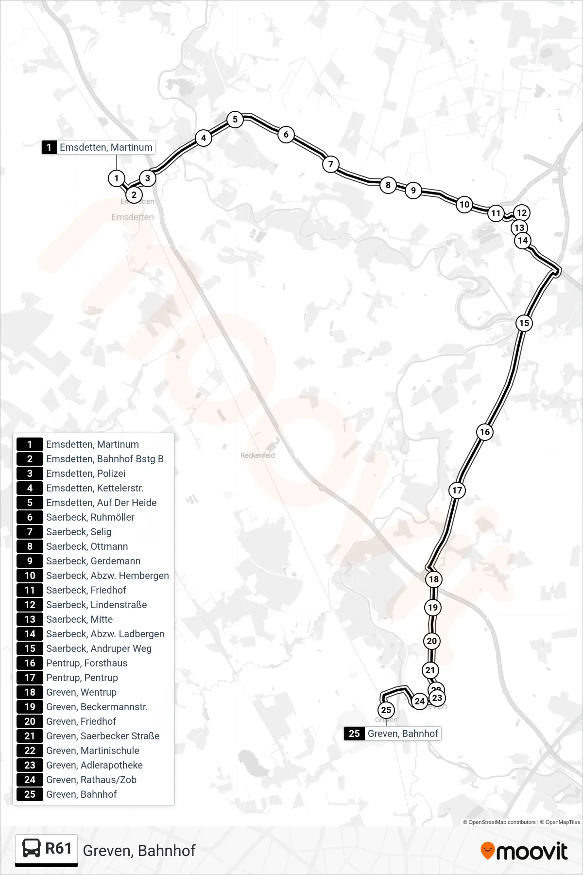Linie R61 (Bus) Richtung Greven, Bahnhof: Route und Haltestellen auf der Karte