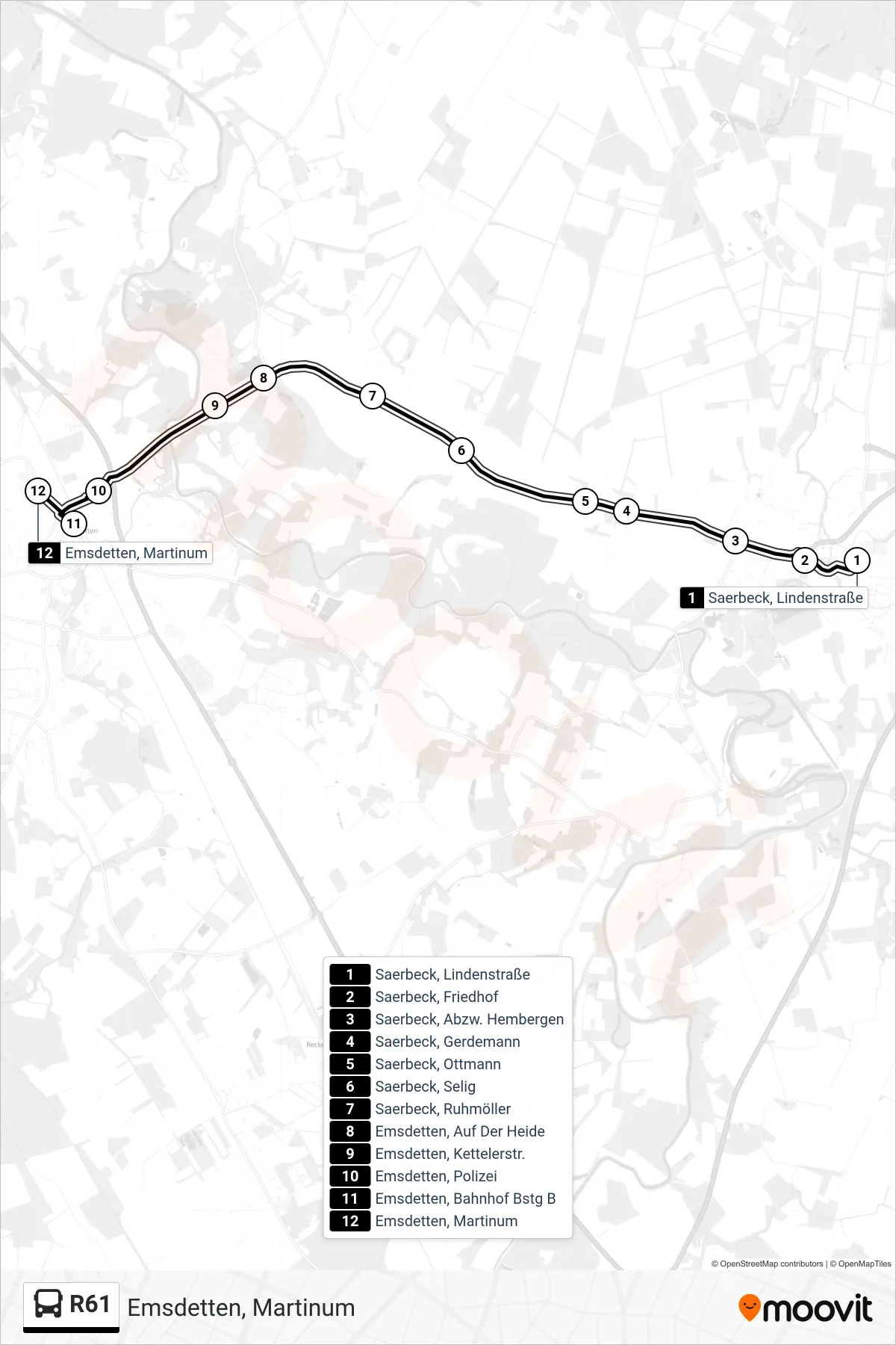 R61 bus Line (Emsdetten, Martinum) route and stops on a map