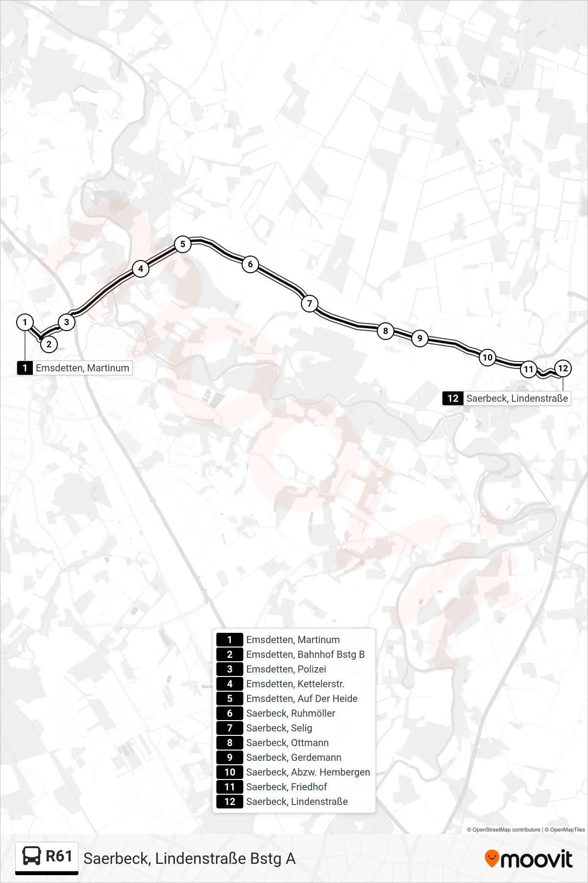 R61 bus Line (Saerbeck, Lindenstraße Bstg A) route and stops on a map
