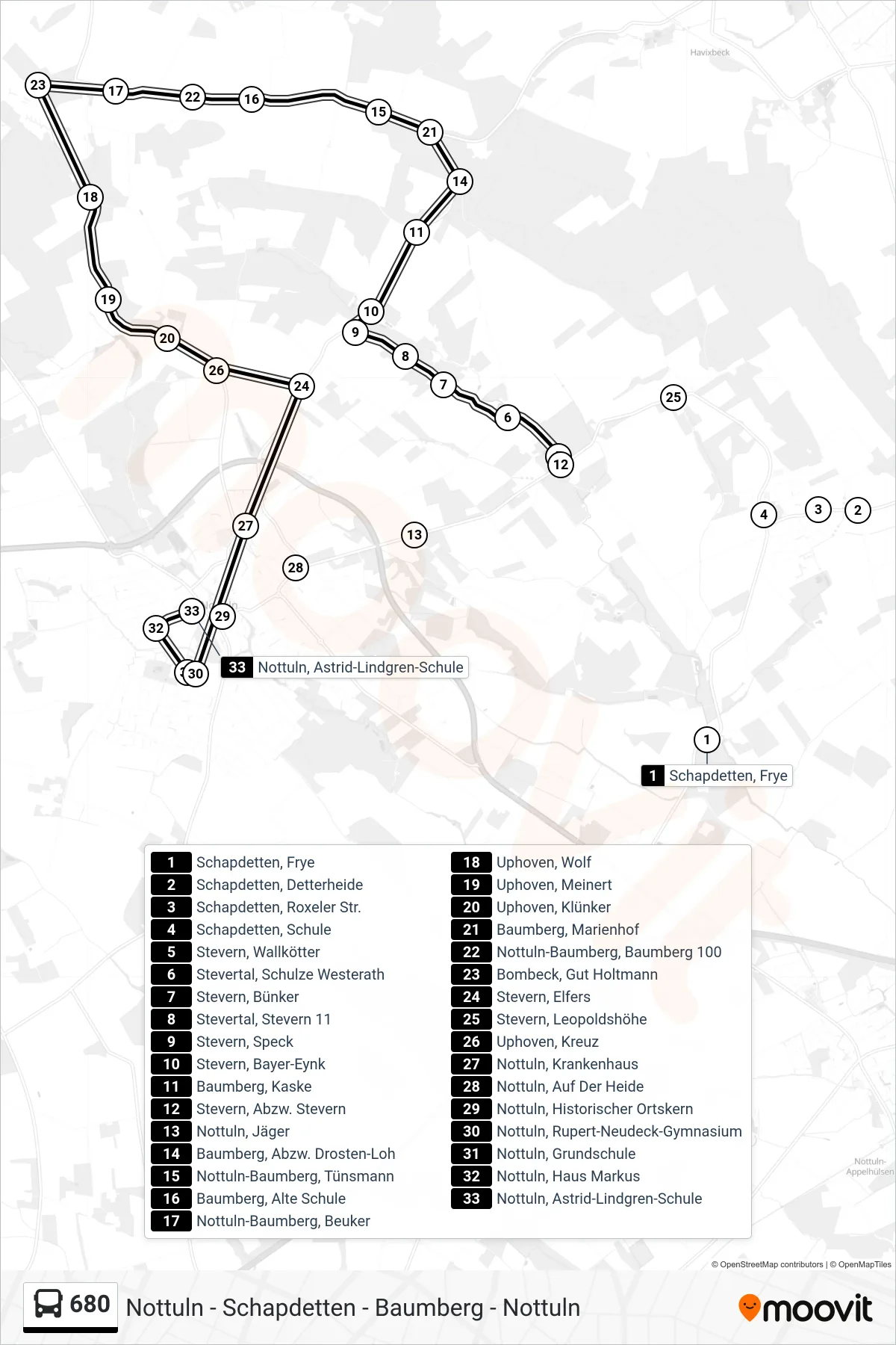 680 bus Line (Nottuln, Astrid-Lindgren-Schule) route and stops on a map