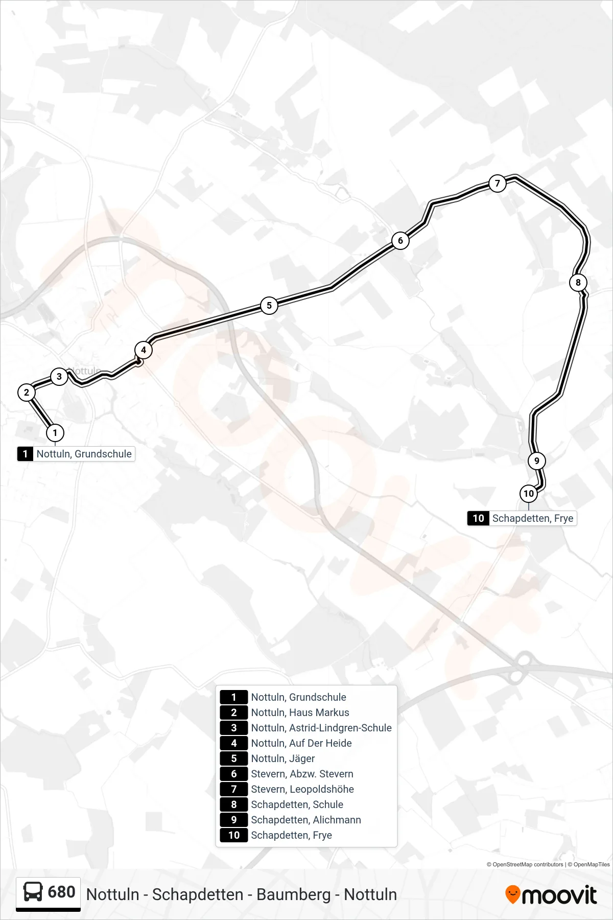 680 bus Line (Schapdetten, Frye) route and stops on a map