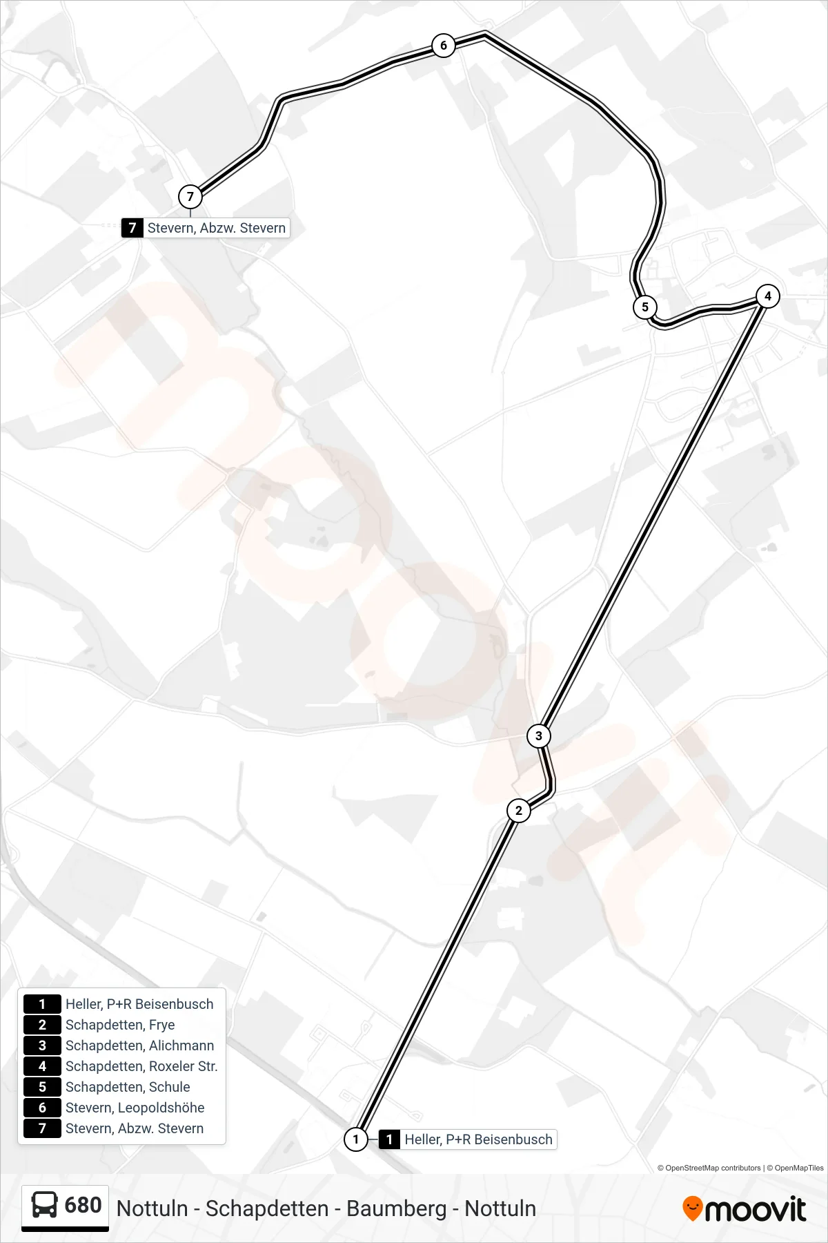 680 bus Line (Stevern, Abzw. Stevern) route and stops on a map