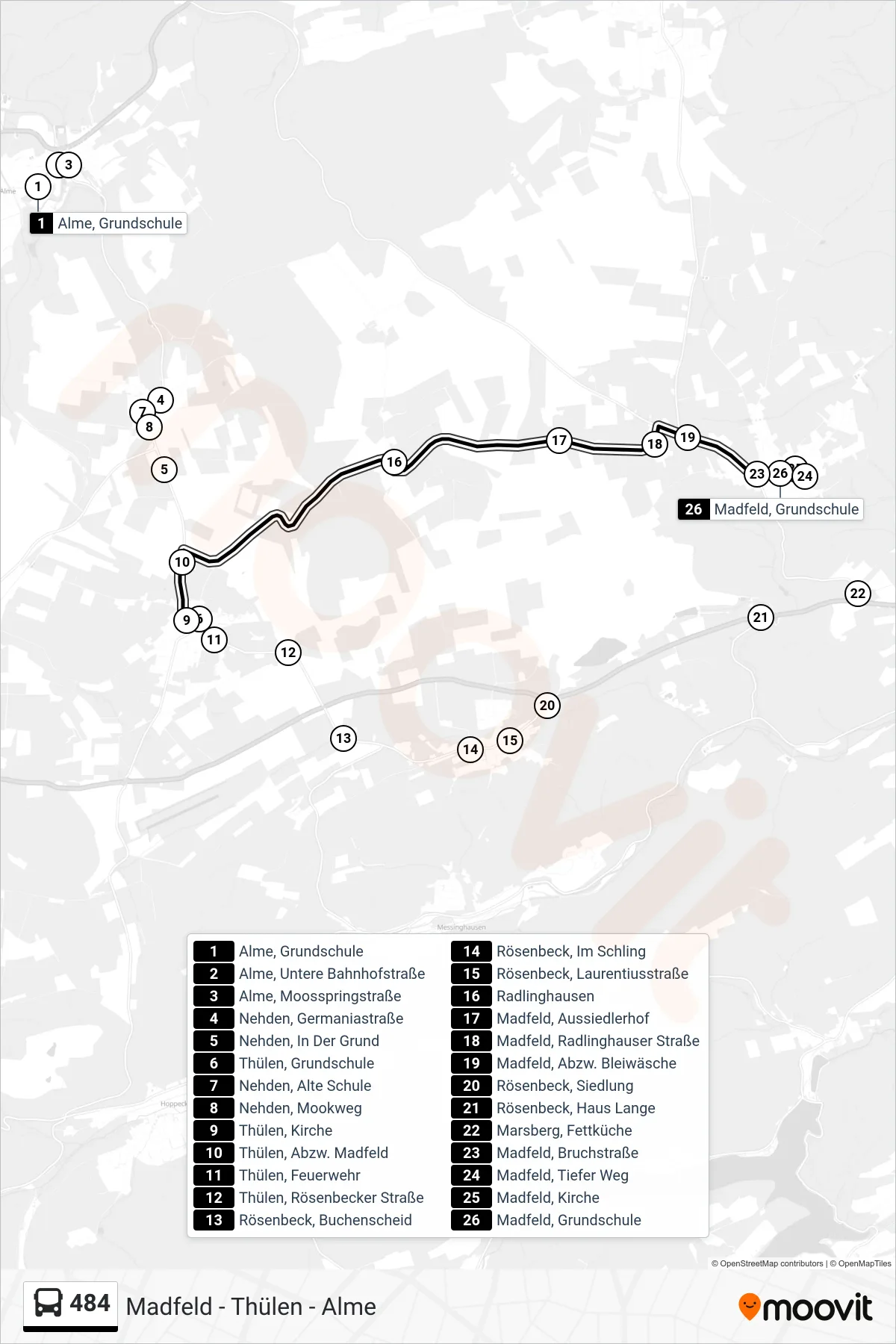Linie 484 (Bus) Richtung Madfeld, Grundschule: Route und Haltestellen auf der Karte