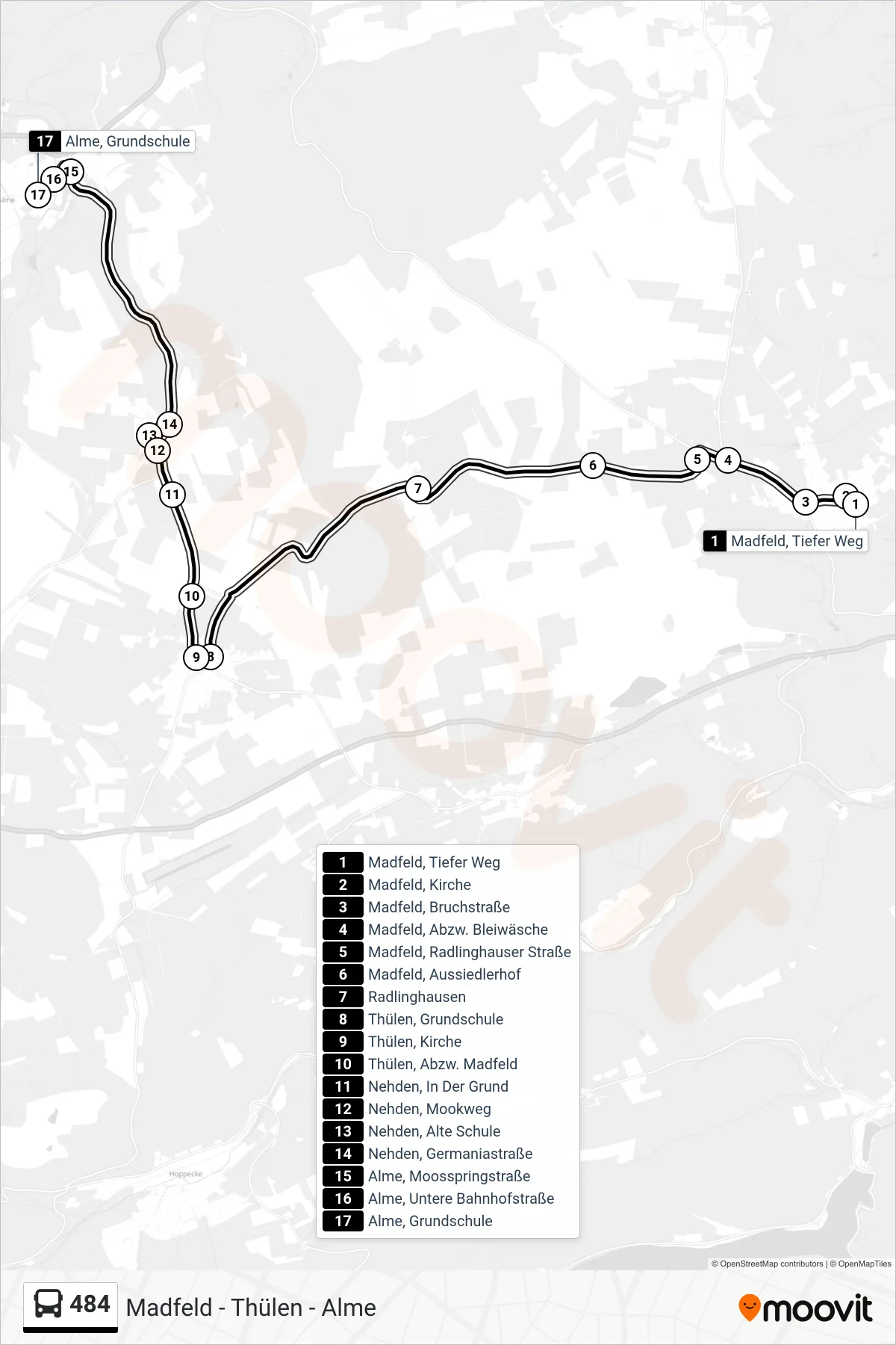 484 bus Line (Alme, Grundschule) route and stops on a map
