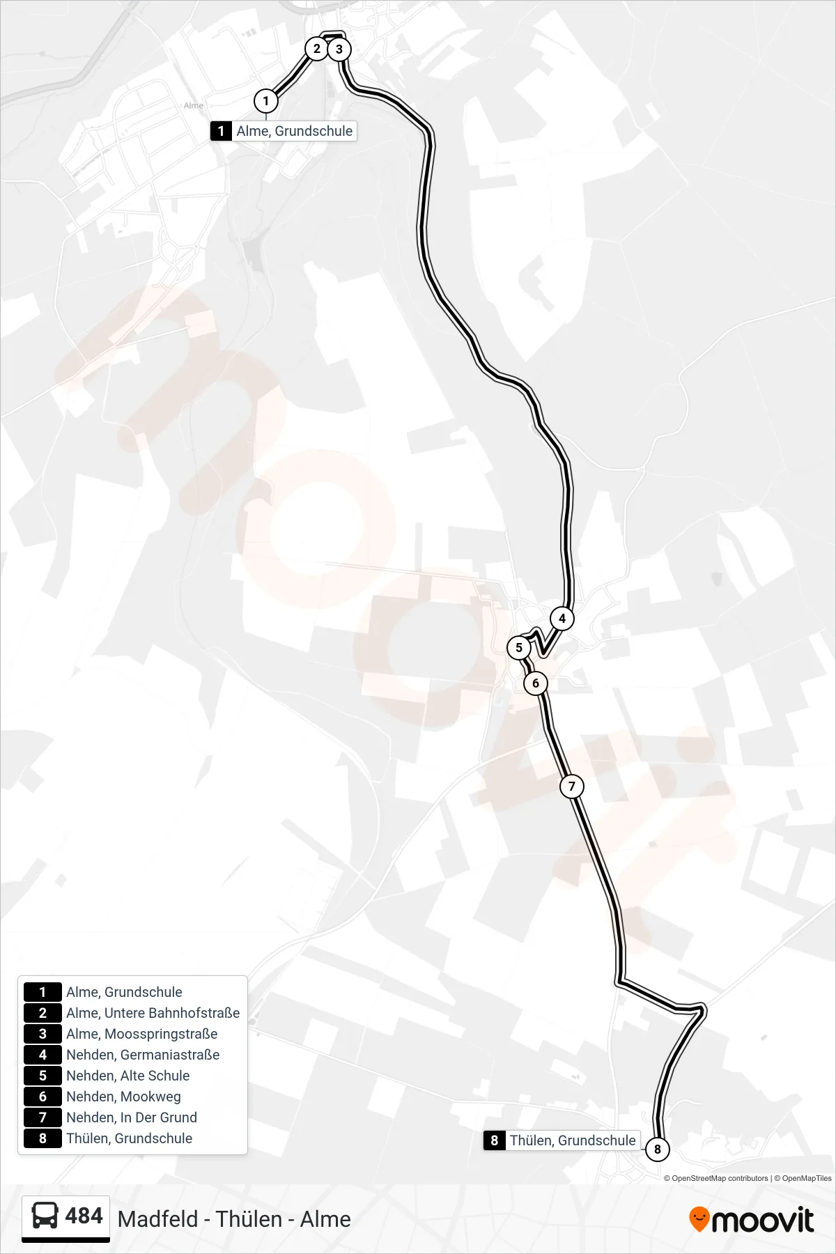484 bus Line (Thülen, Grundschule) route and stops on a map