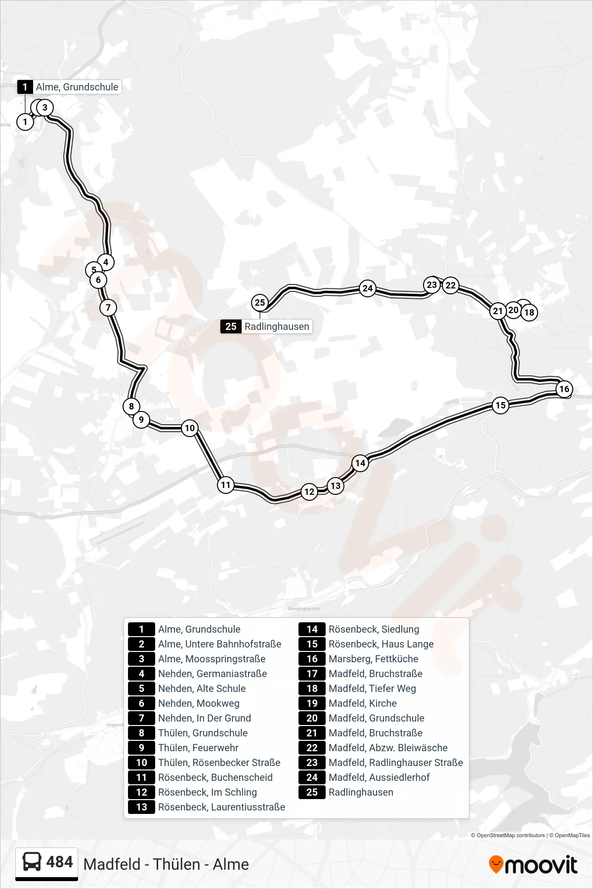 484 bus Line (Radlinghausen) route and stops on a map