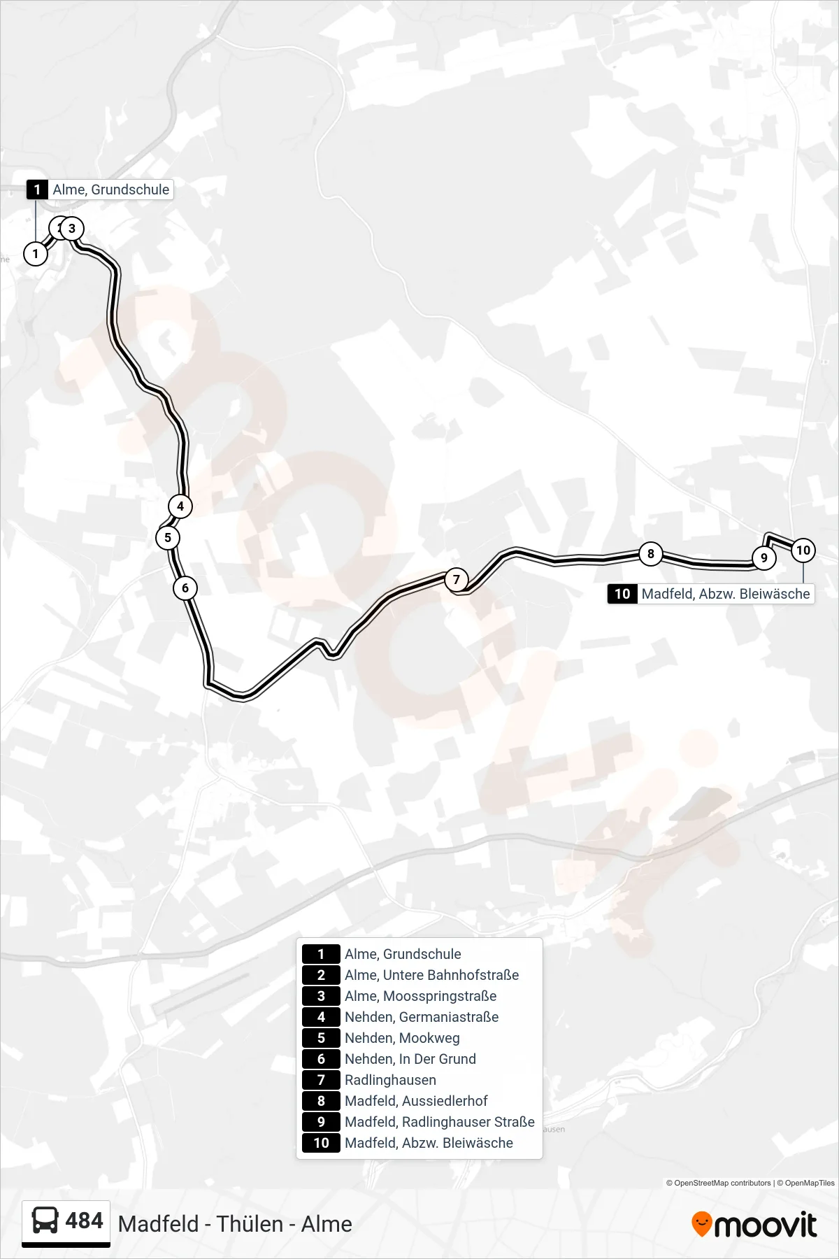 484 bus Line (Madfeld, Abzw. Bleiwäsche) route and stops on a map