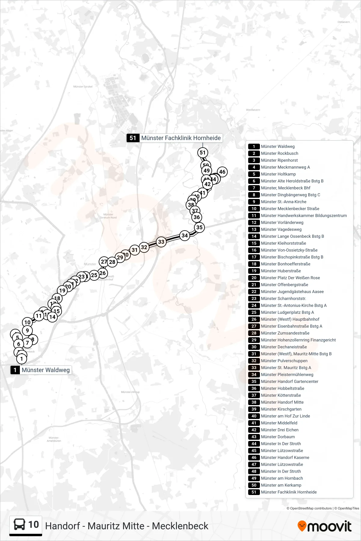 Linie 10 (Bus) Richtung Handorf Hornheide: Route und Haltestellen auf der Karte