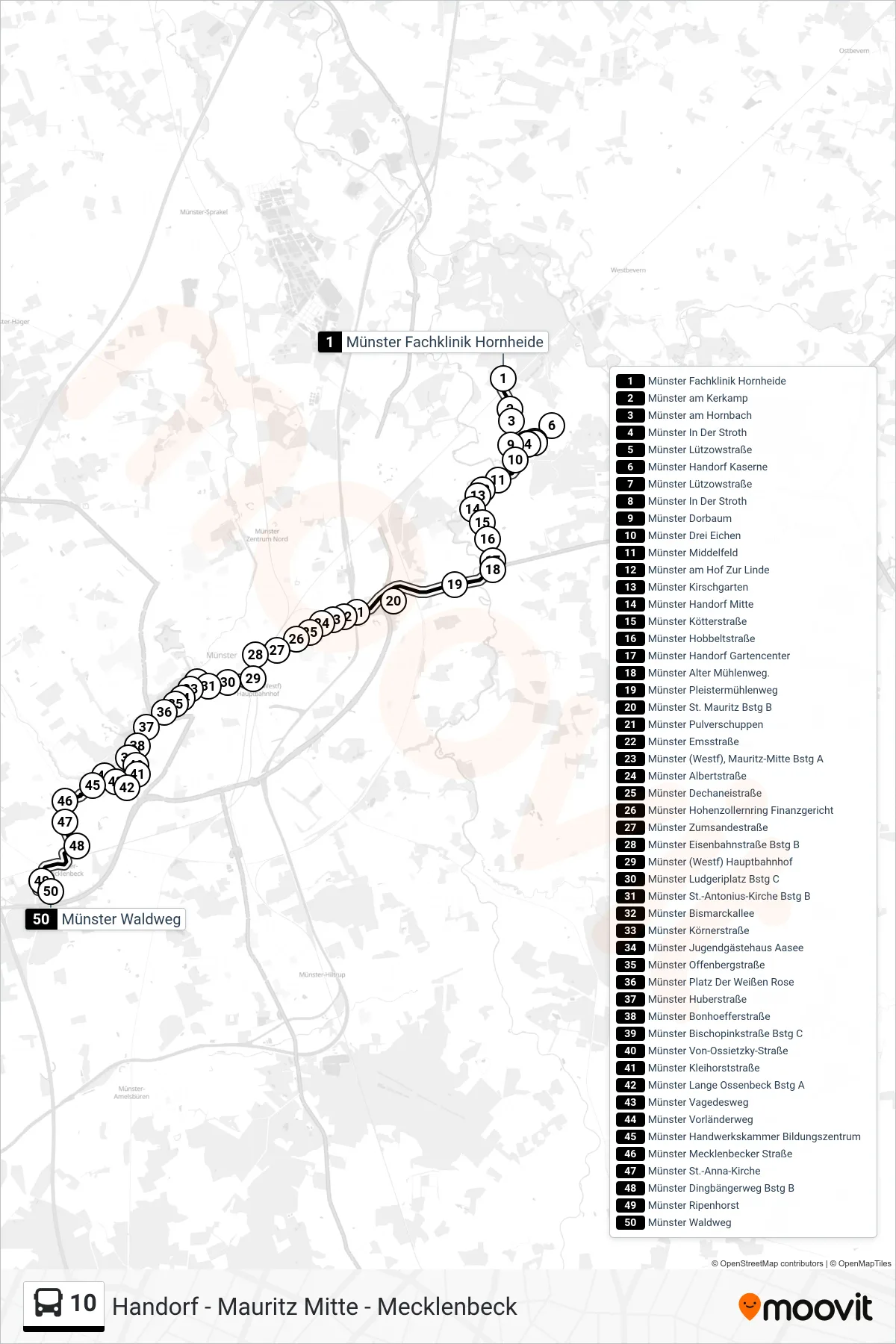 Linie 10 (Bus) Richtung Mecklenbeck Waldweg: Route und Haltestellen auf der Karte