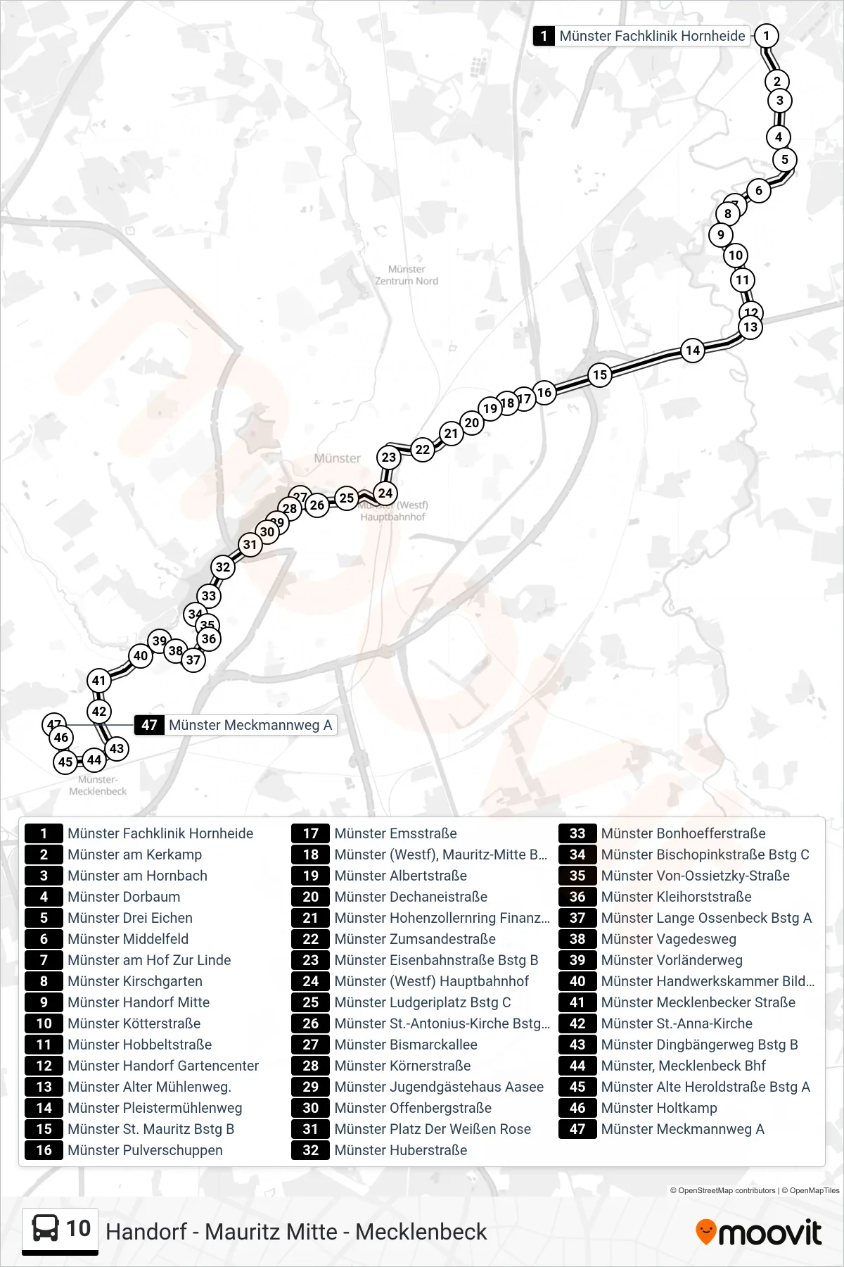 10 bus Line (Mecklenbeck Meckmannweg) route and stops on a map