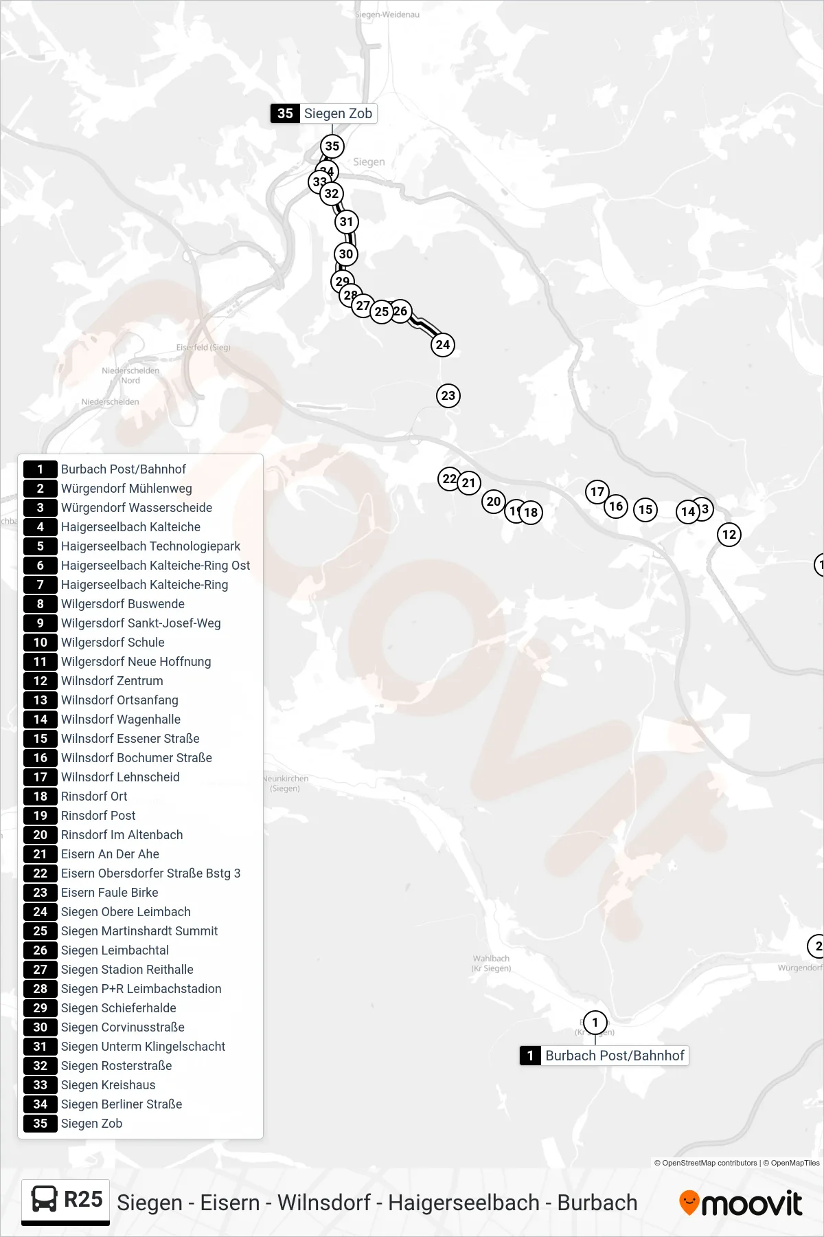 R25 bus Line (Siegen Zob Bstg E) route and stops on a map
