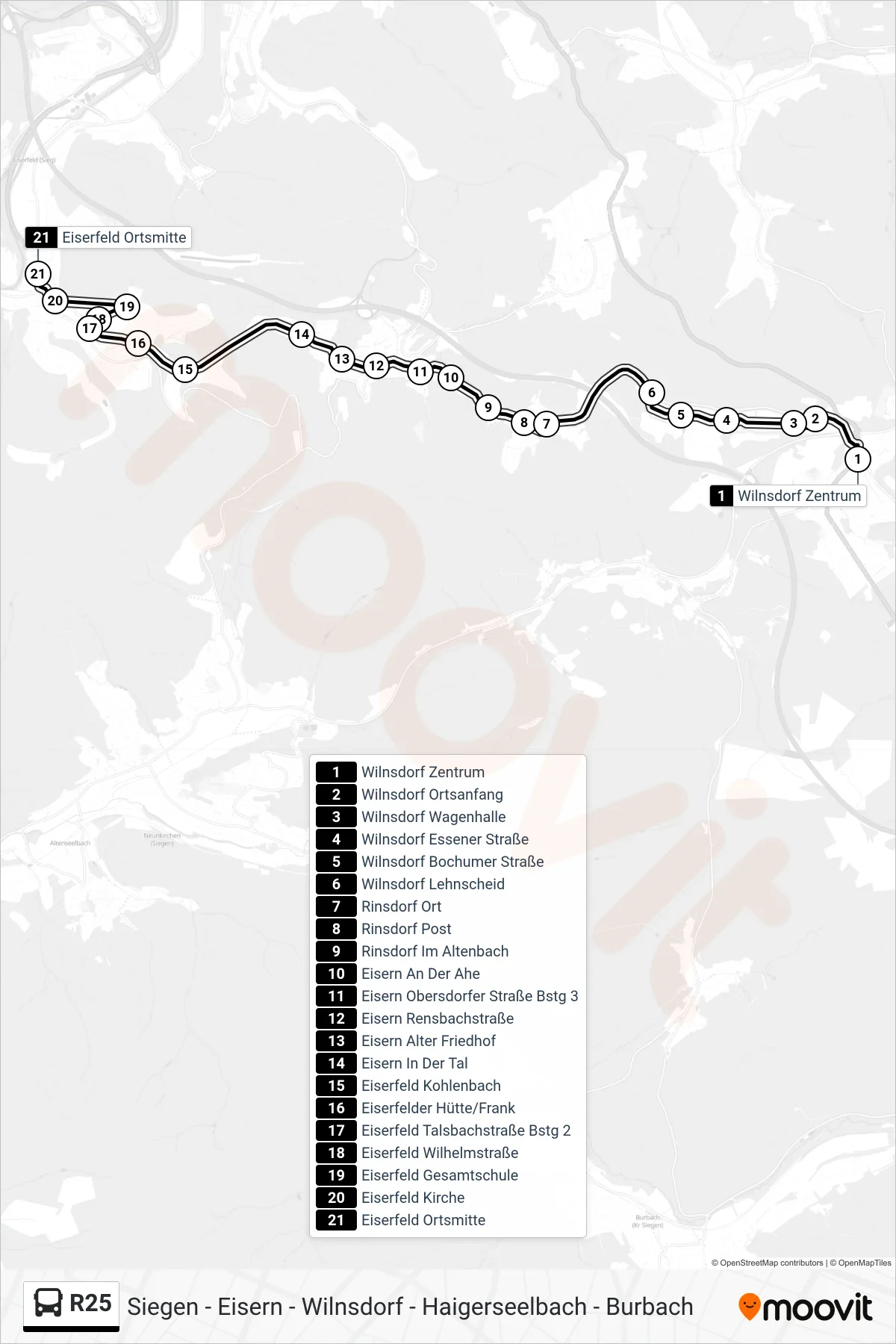 R25 bus Line (Eiserfeld Ortsmitte) route and stops on a map